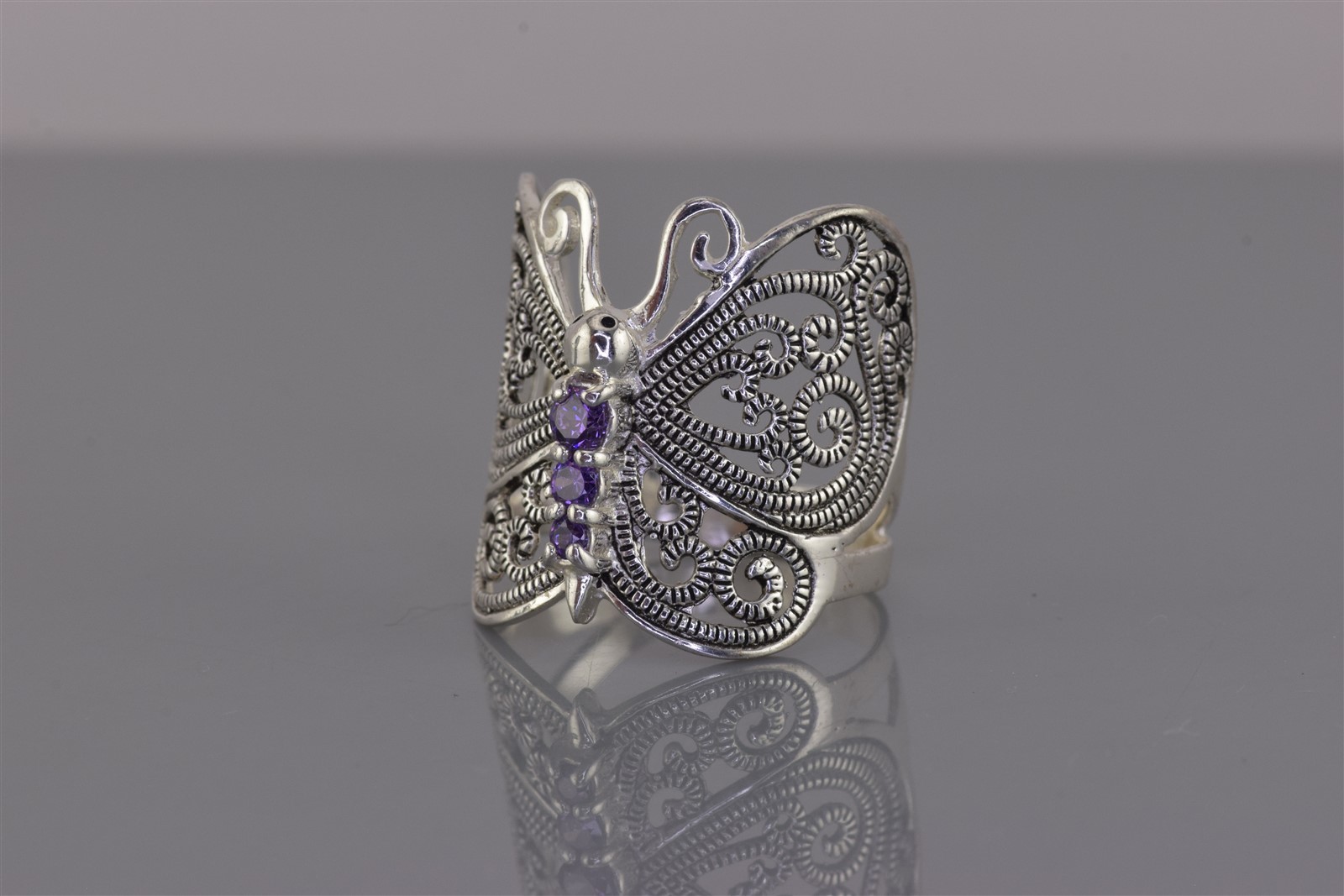 Sterling Silver 21mm Purple Amethyst Butterfly Winged Band Ring 925 Sz: 8