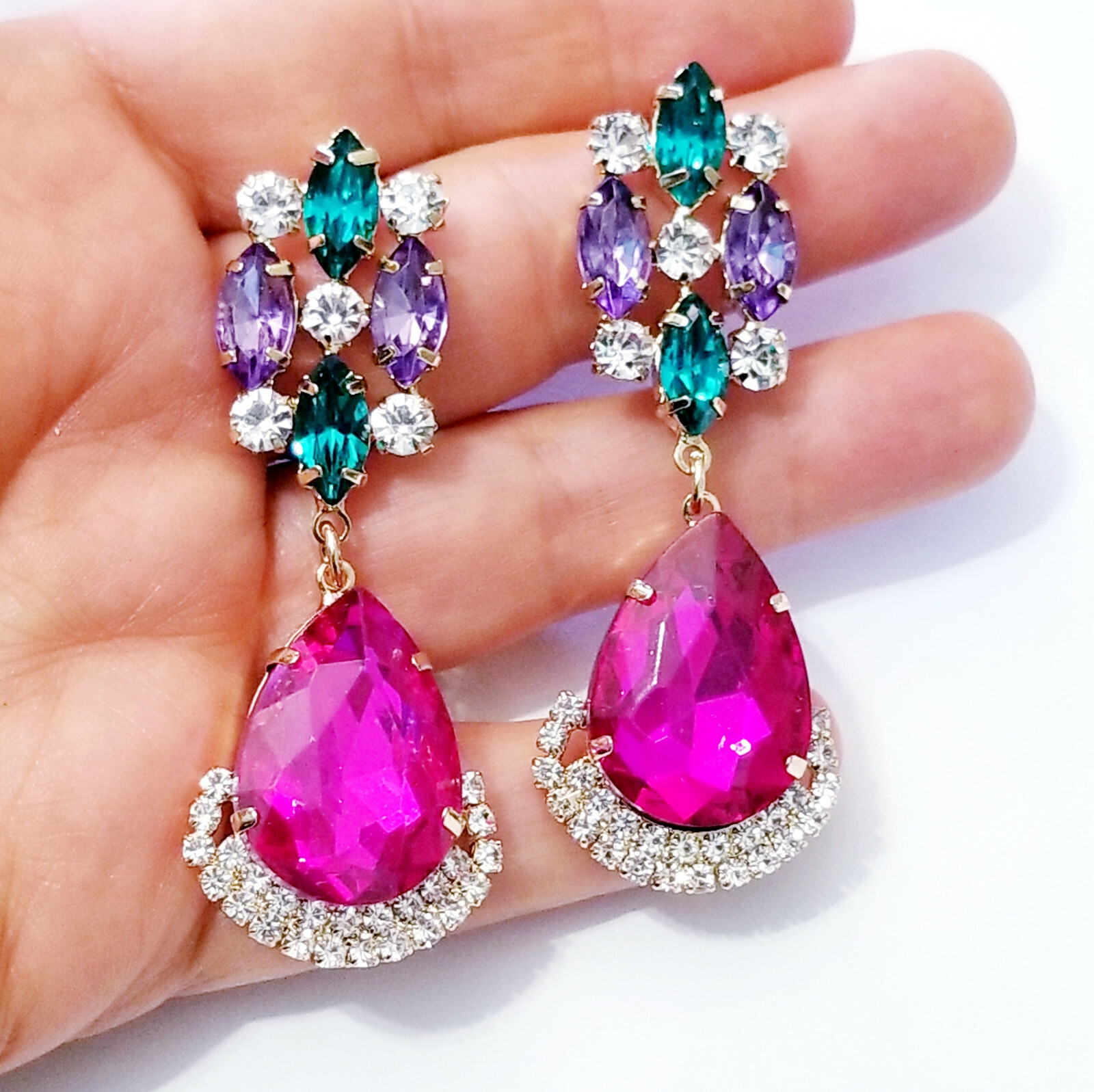 Chandelier Earrings Rhinestone Multi Color Pink Crystal 2.8 inch