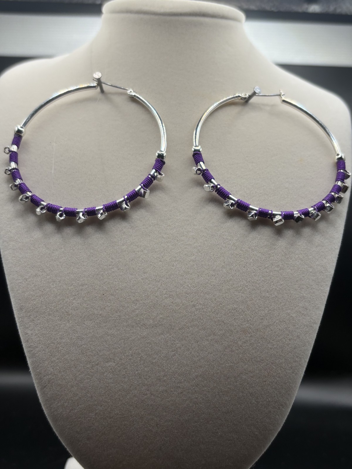 Large 3 inch Thin colorful purple Beaded silver color hoop fashion Earrings