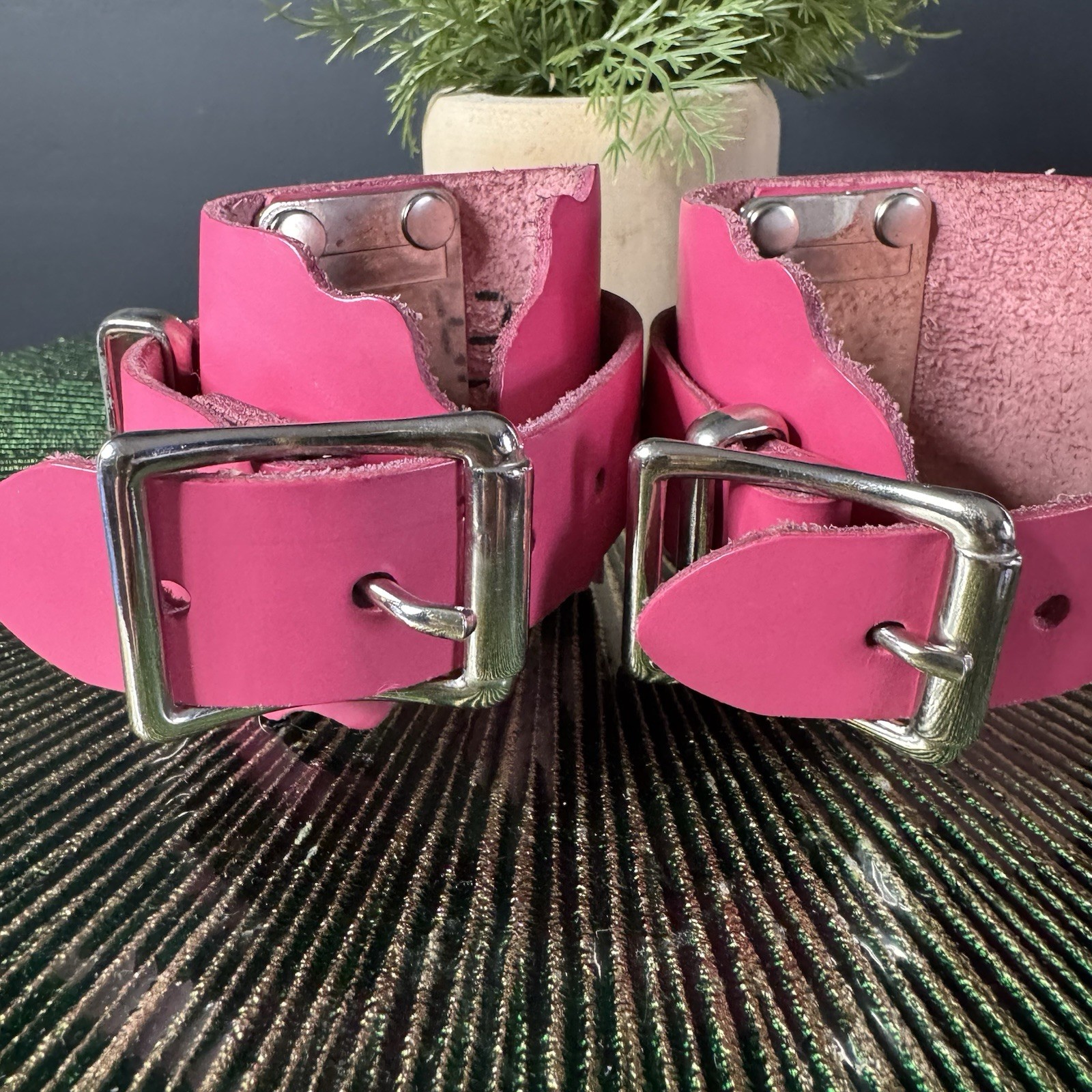 Zana Bayne Hot Pink Leather Cuff Set Pair Harness Punk BDSM Statement O Ring