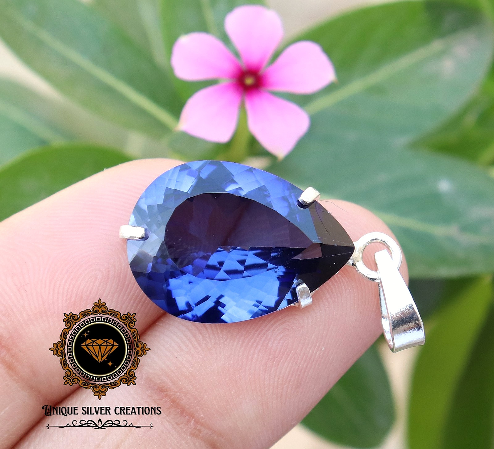 Natural Blue Tanzanite Certified Pear Gemstone 925 Solid Silver Pendant 23.20 Ct