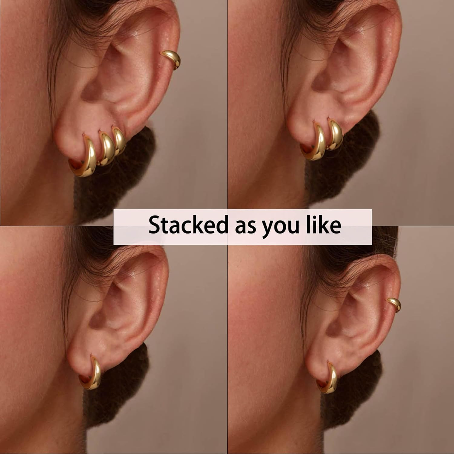 4 Pairs Small Huggie Hoop Earrings for Women, Chunky 14K Gold Plated Earrings St