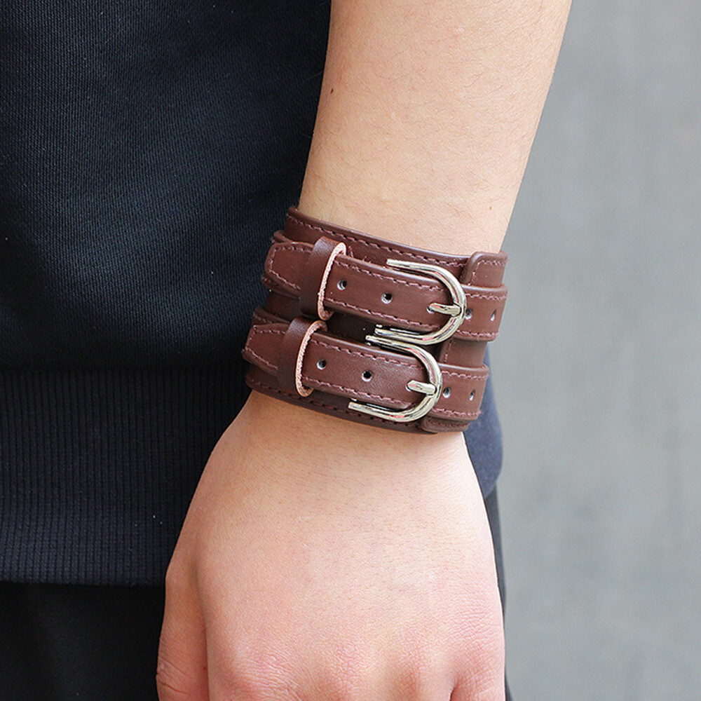 Men Genuine Leather Wide Cuff Bracelets & Bangles with Adjustable Double Buckles