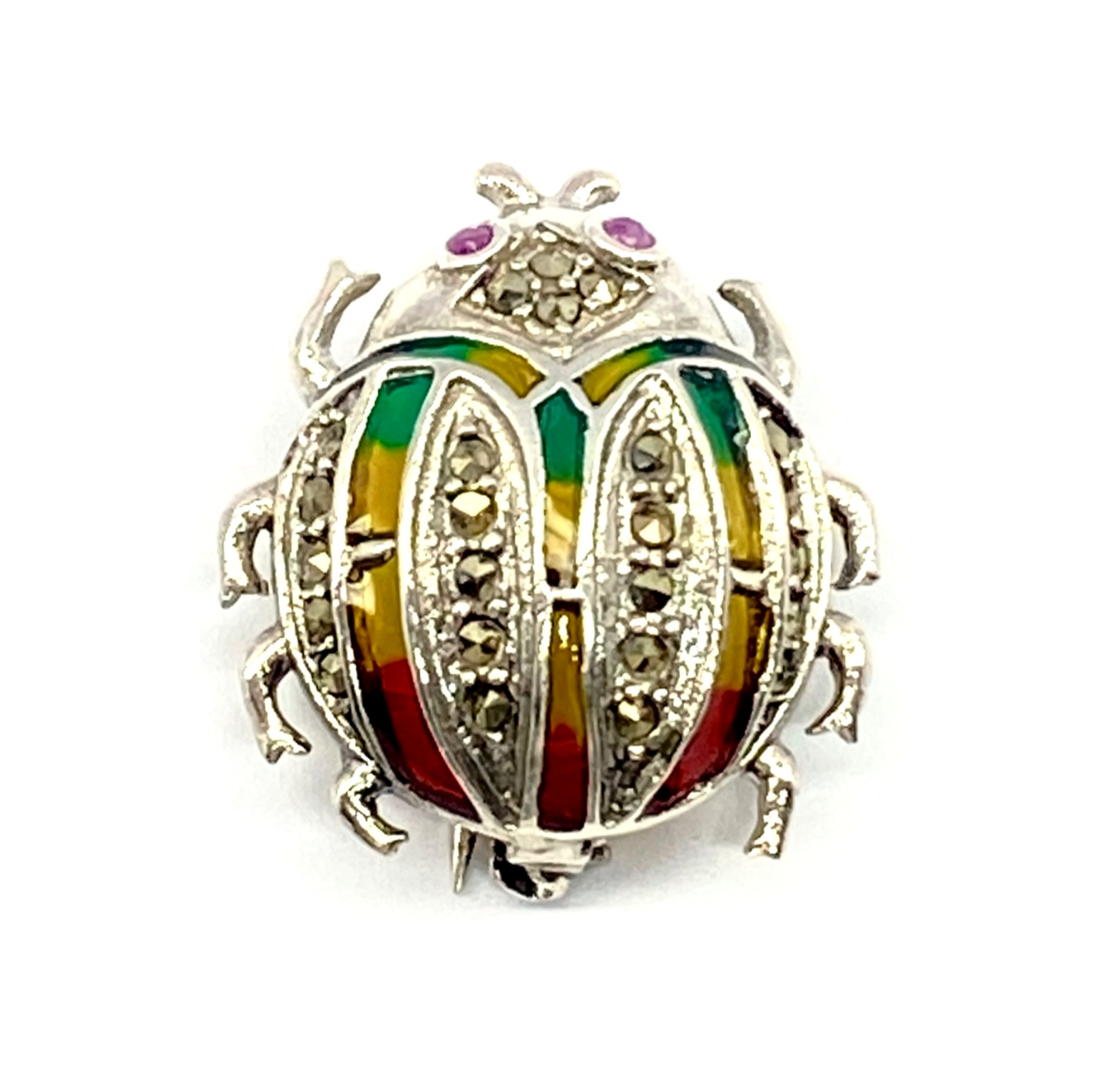 Silver Beetle Brooch 925 Sterling Real Ruby Eyes Marcasite 2.7 x 2.5cm New