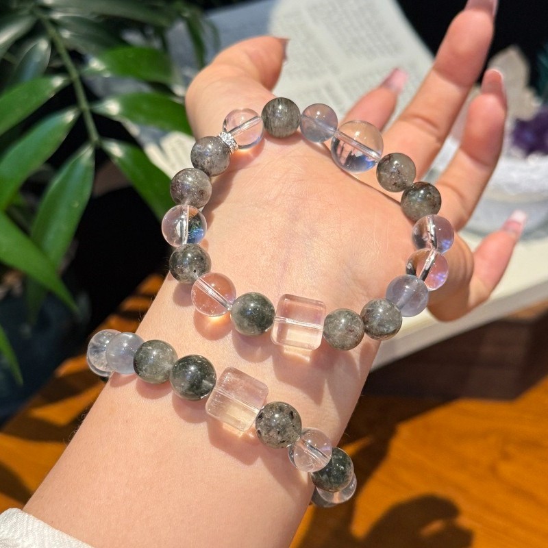 9mm Natural Green Phantom Quartz, Green Fluorite White Crystal Bracelet One