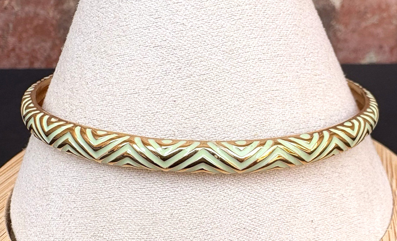 J. Crew Gold Tone Mint Green Enamel Geometric Pattern Thin Bangle Bracelet