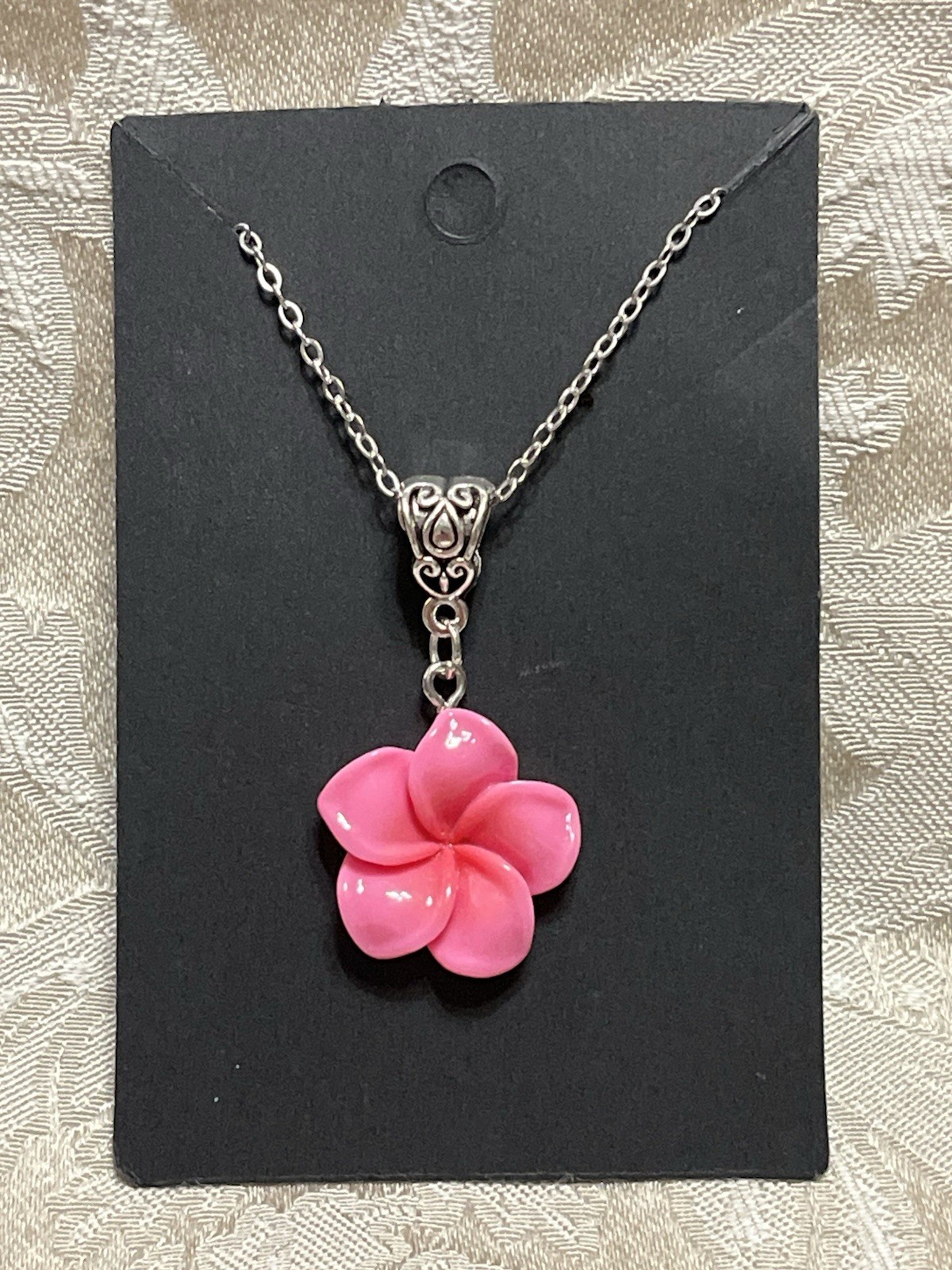 Deep Pink Floral Camellia Flower Resin Pendant Silver 18” Necklace Boho Fashion