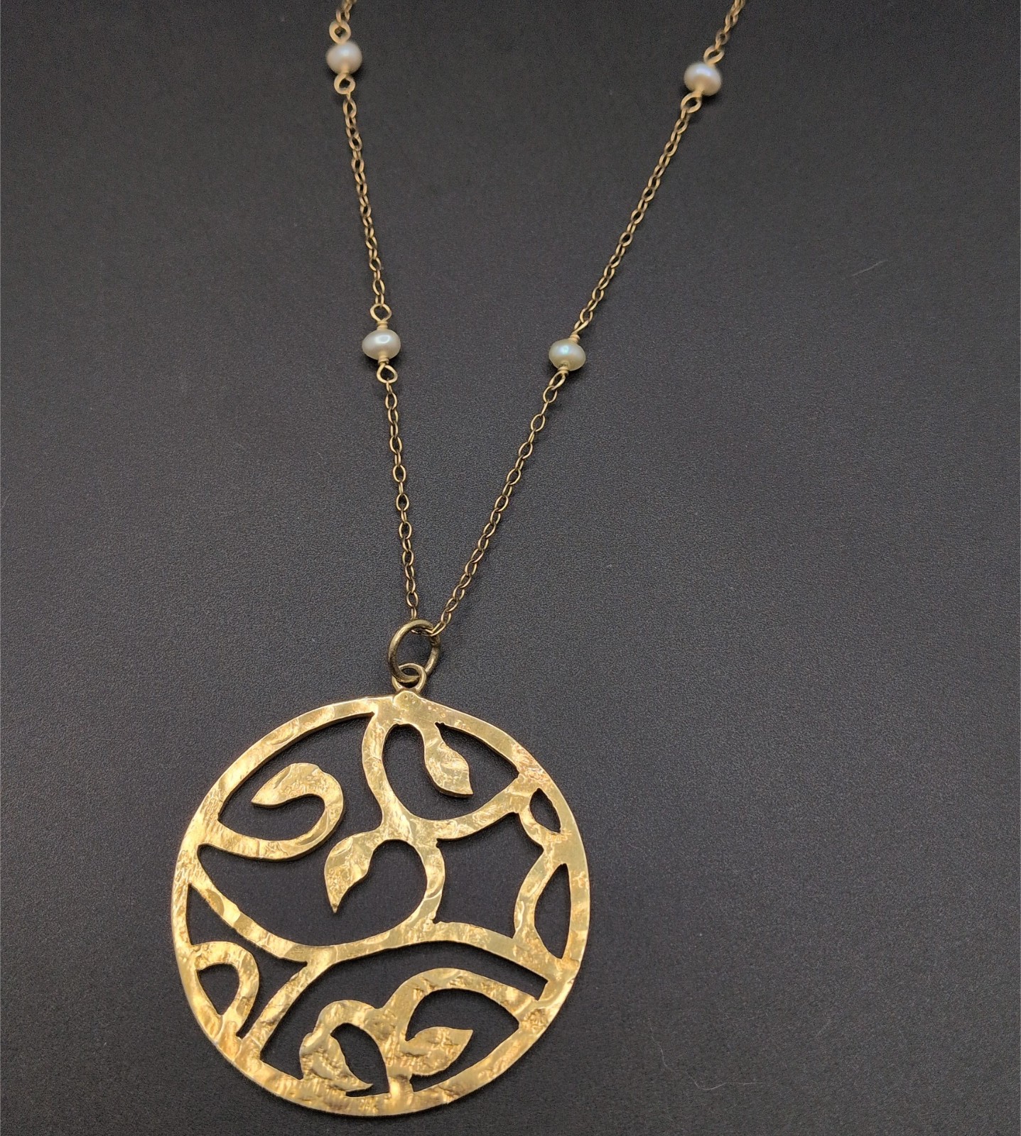 Necklace F.LD. Gold Filled 14/20 Open Work Round Vine Pendant Pearl Accent Beads