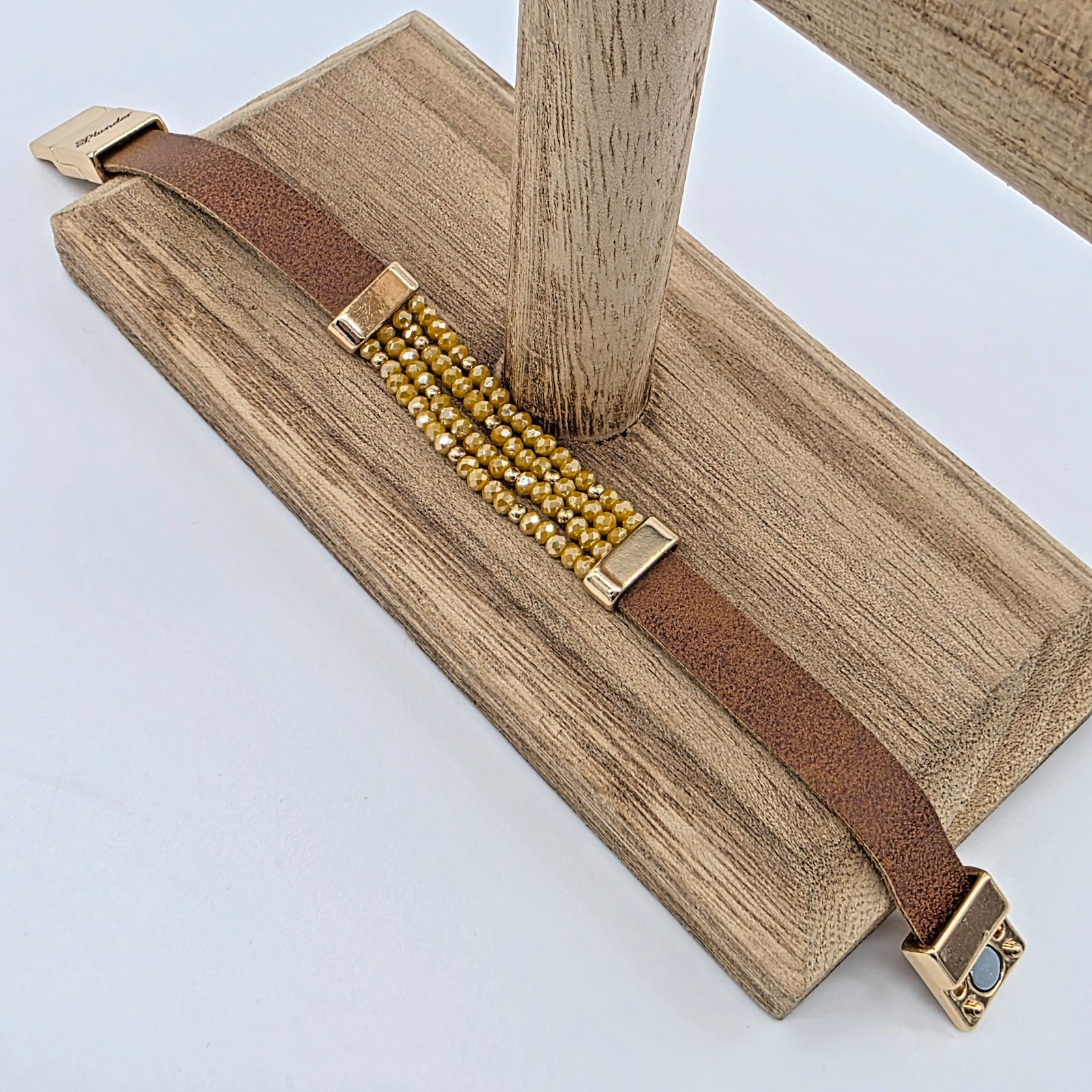 Plunder CAMERON Brown Suede Ochre Crystal Gold Bar Magnetic Strap Bracelet