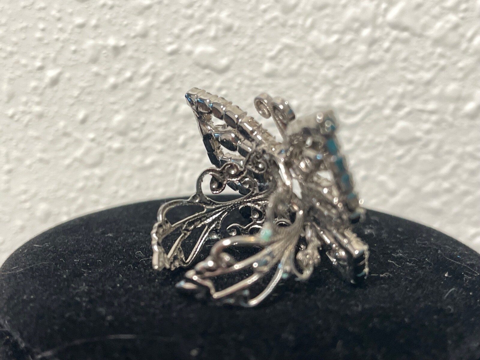 Signed Tiara Misu butterfly Ring Silver Toneotnate filigree 6 7 8 9 rhinestone