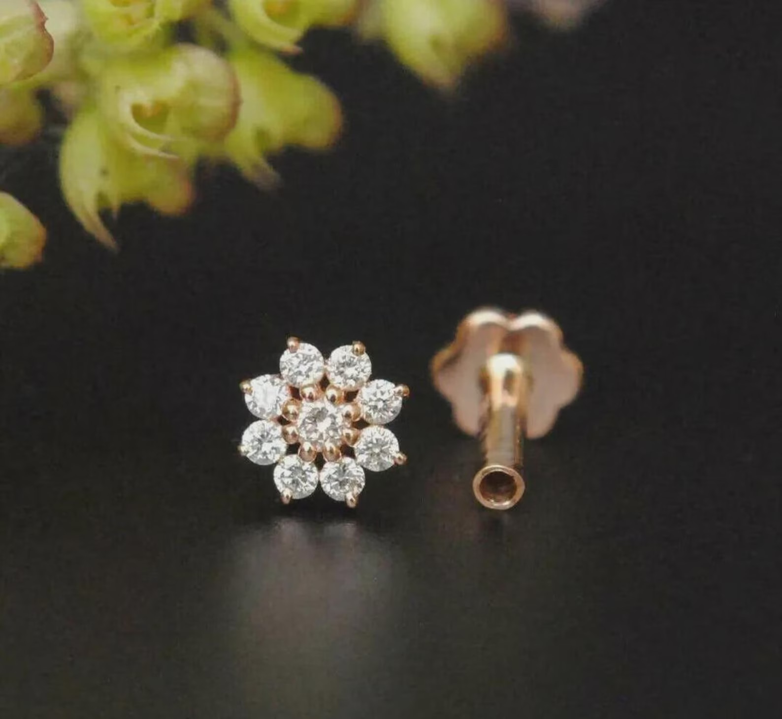 0.25Ct Round Moissanite Flower Nose Pin Stud Screw with 14K Yellow Plating.