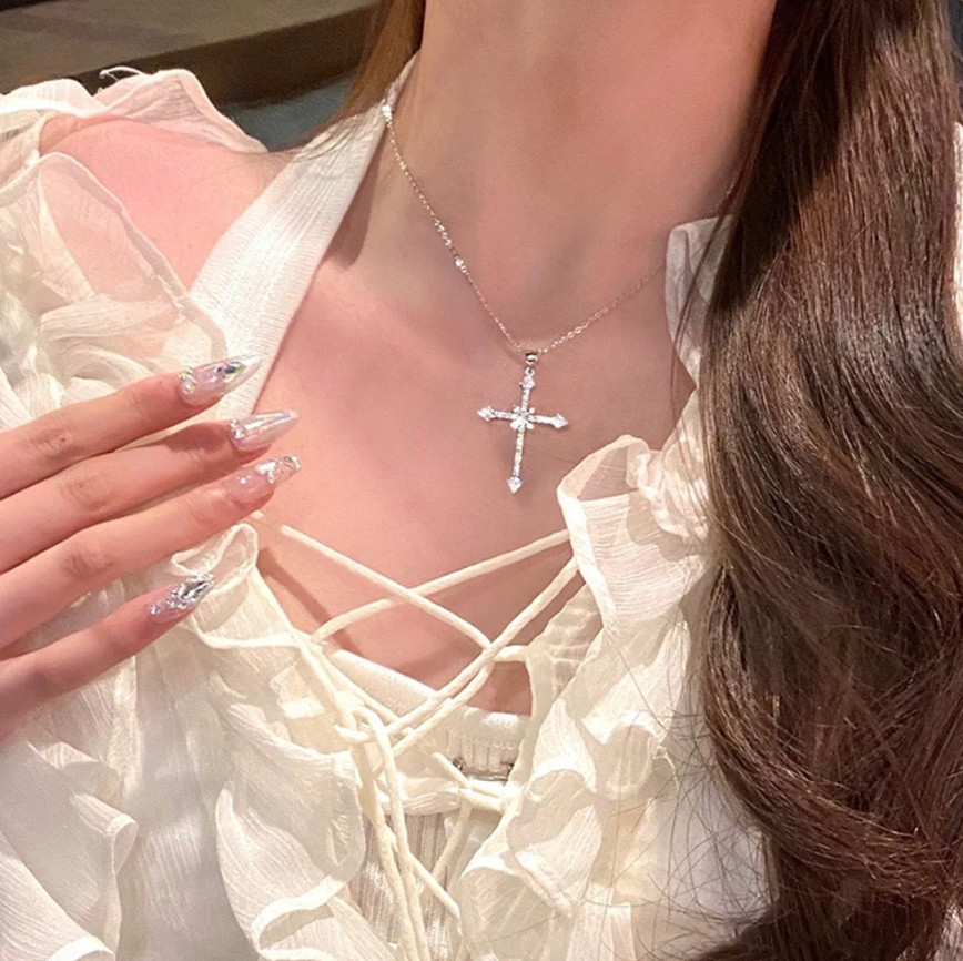 1pc Elegant Crystal Cross Pendant Necklace Silver Star Trendy Women’s Jewelry