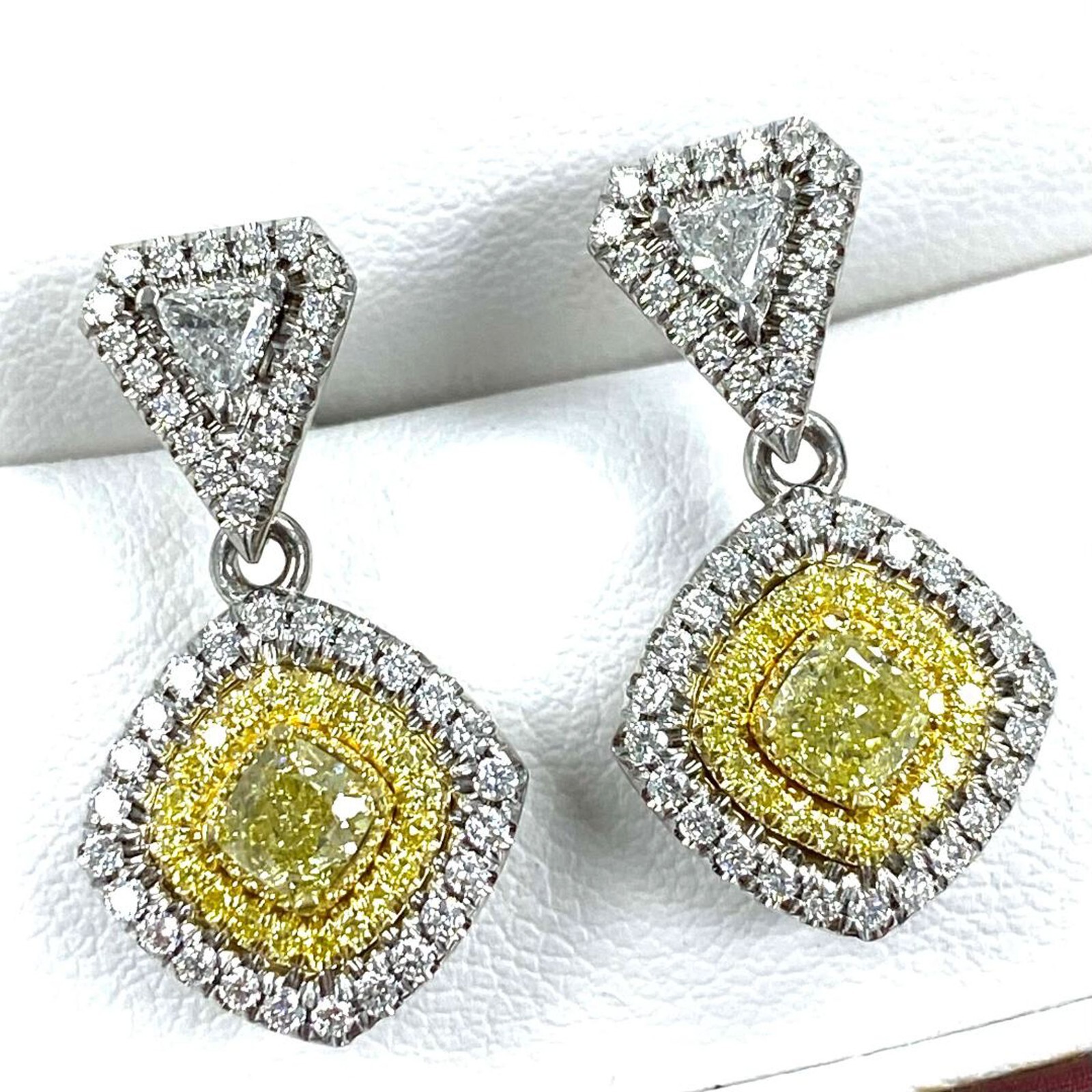 Drop Dangle Earrings 1.62 TCW Cushion Trillion Yellow Diamond 14k White Gold
