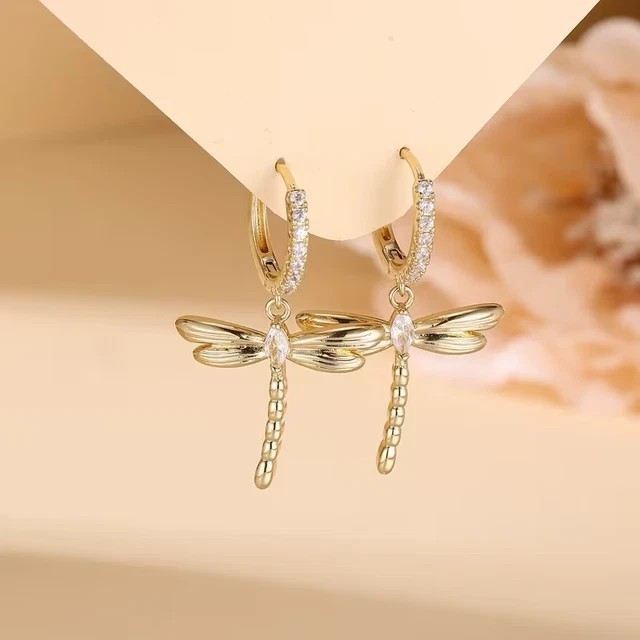 Marquise Cut Simulated Diamond Dragonfly Drop Earrings In 14k Yellow Gold Plated