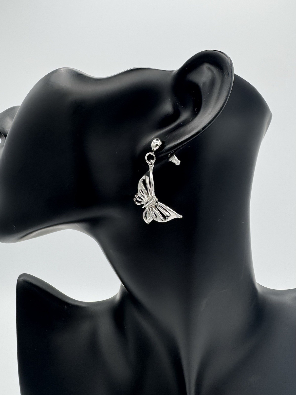 Silver Tone Butterfly Dangle Earrings – Pierced Post with Friction Back
