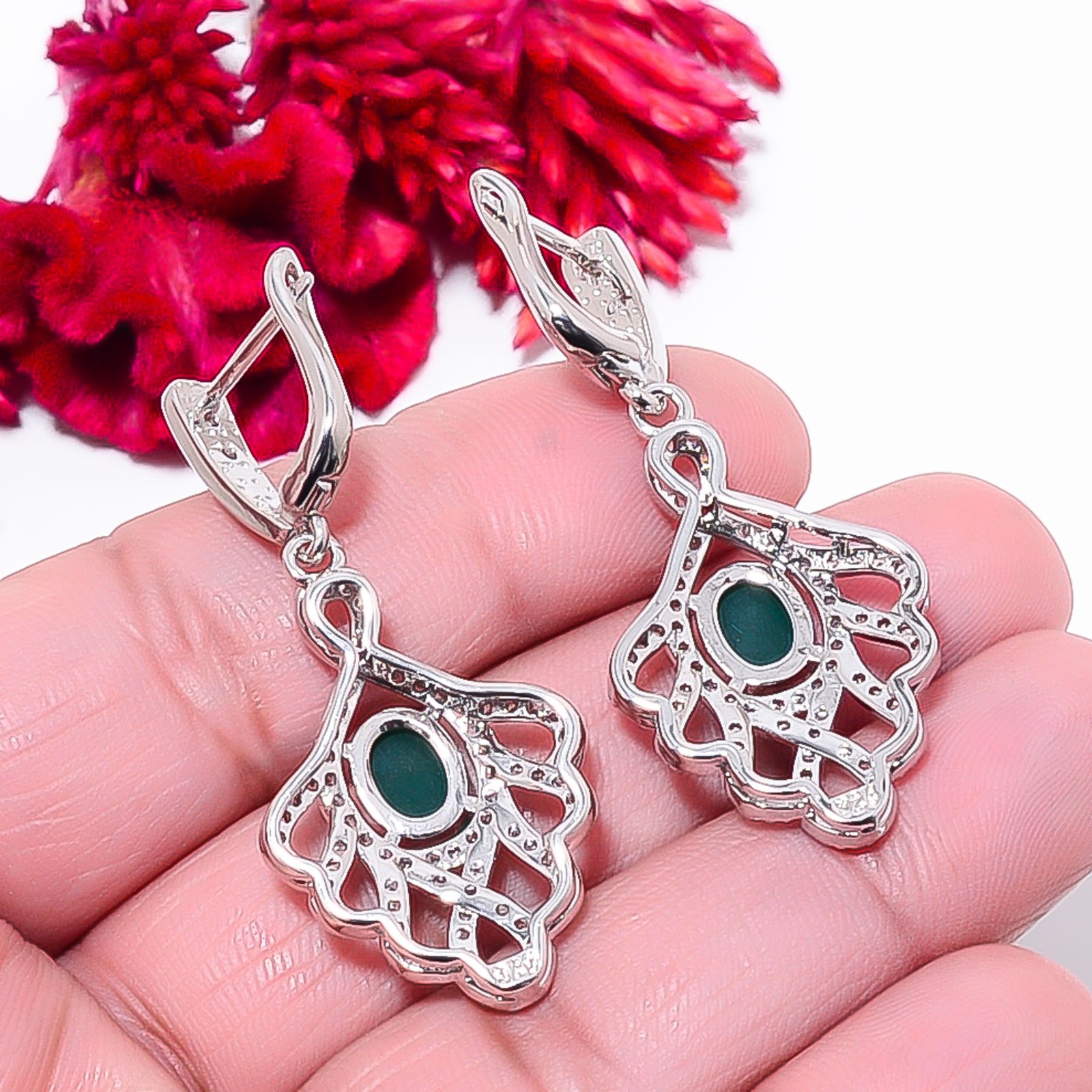 Emerald – Simulated & Cubic Zirconia 925 Silver Platinum Plated Earring 1.90″ E8