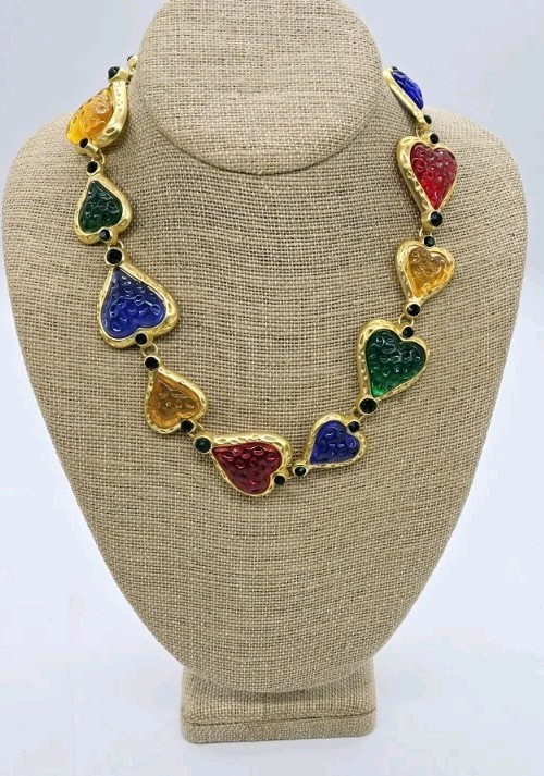 Heart Necklace Multicolor Gold Tone Poured Resin Runway Art Deco Gripoix Style
