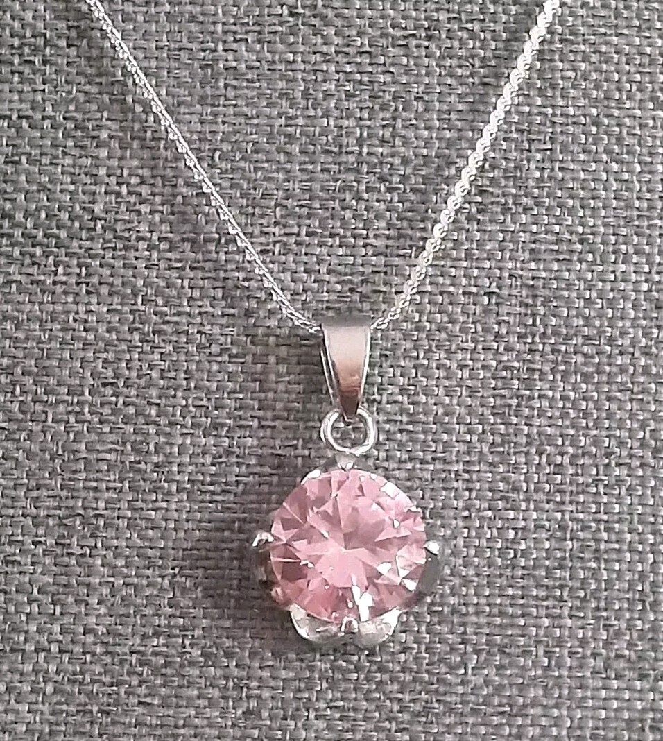 18 kt White Gold Plated Pink Topaz Style Pendant Necklace. Necklace is 18 kt GE
