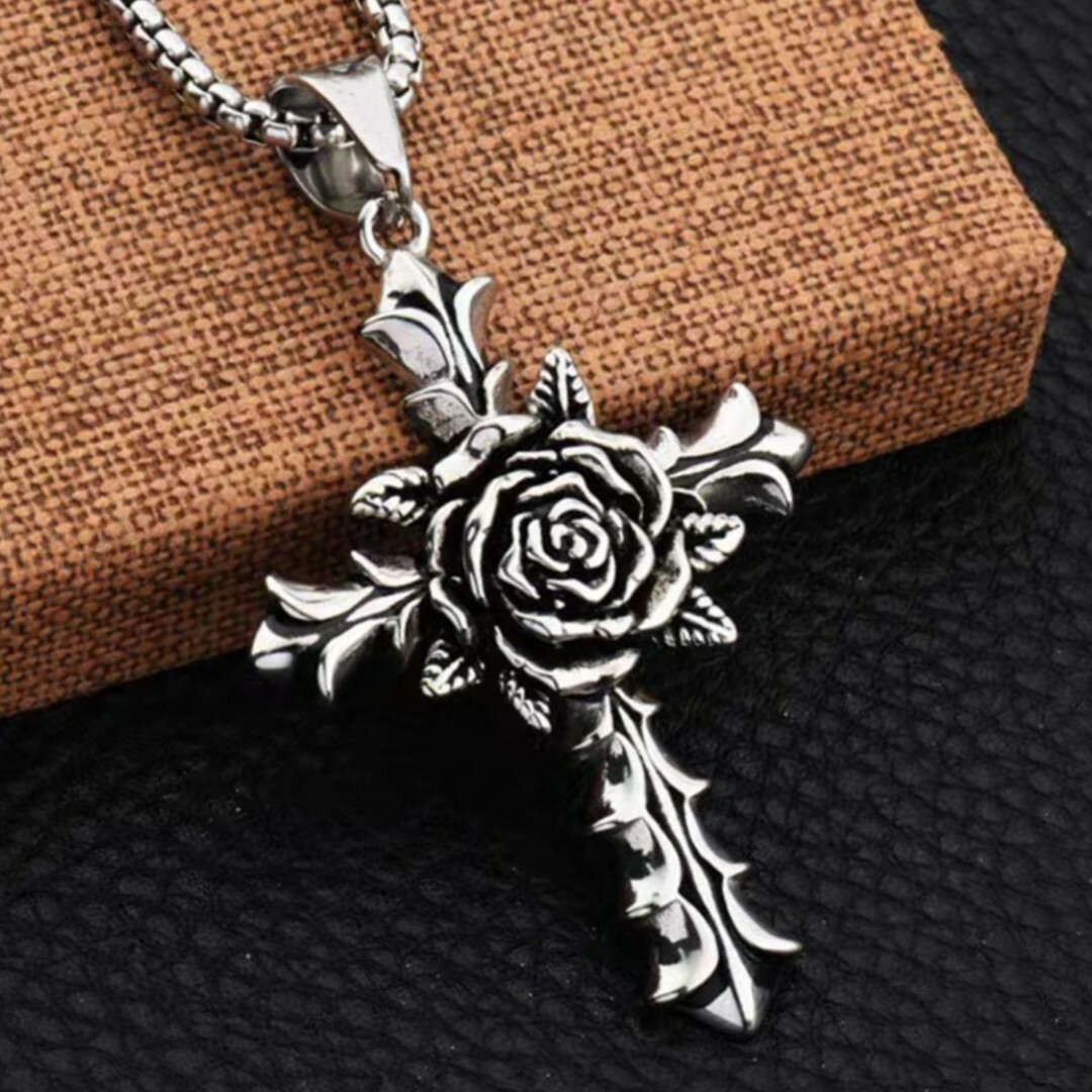 Silver Rose Cross Pendant Christian Necklace Religious Jewelry For Men Women 24″