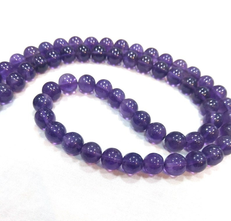 Natural Amethyst Smooth Round Gemstone Beaded February Birthstone Necklaces 24”