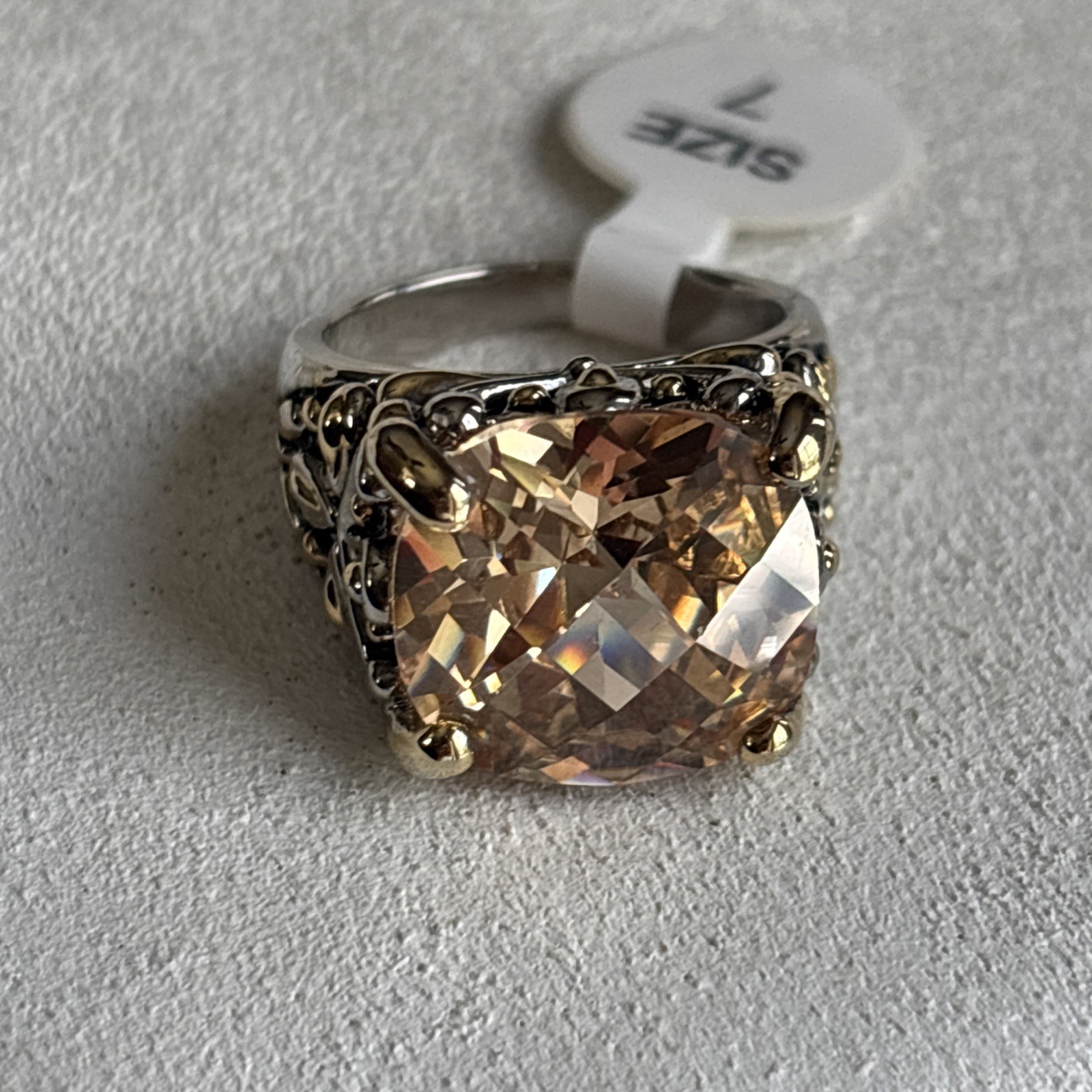 Inspirational Champagne Cushion Cut CZ Crystal Silver Gold Balinese Ring Size 7