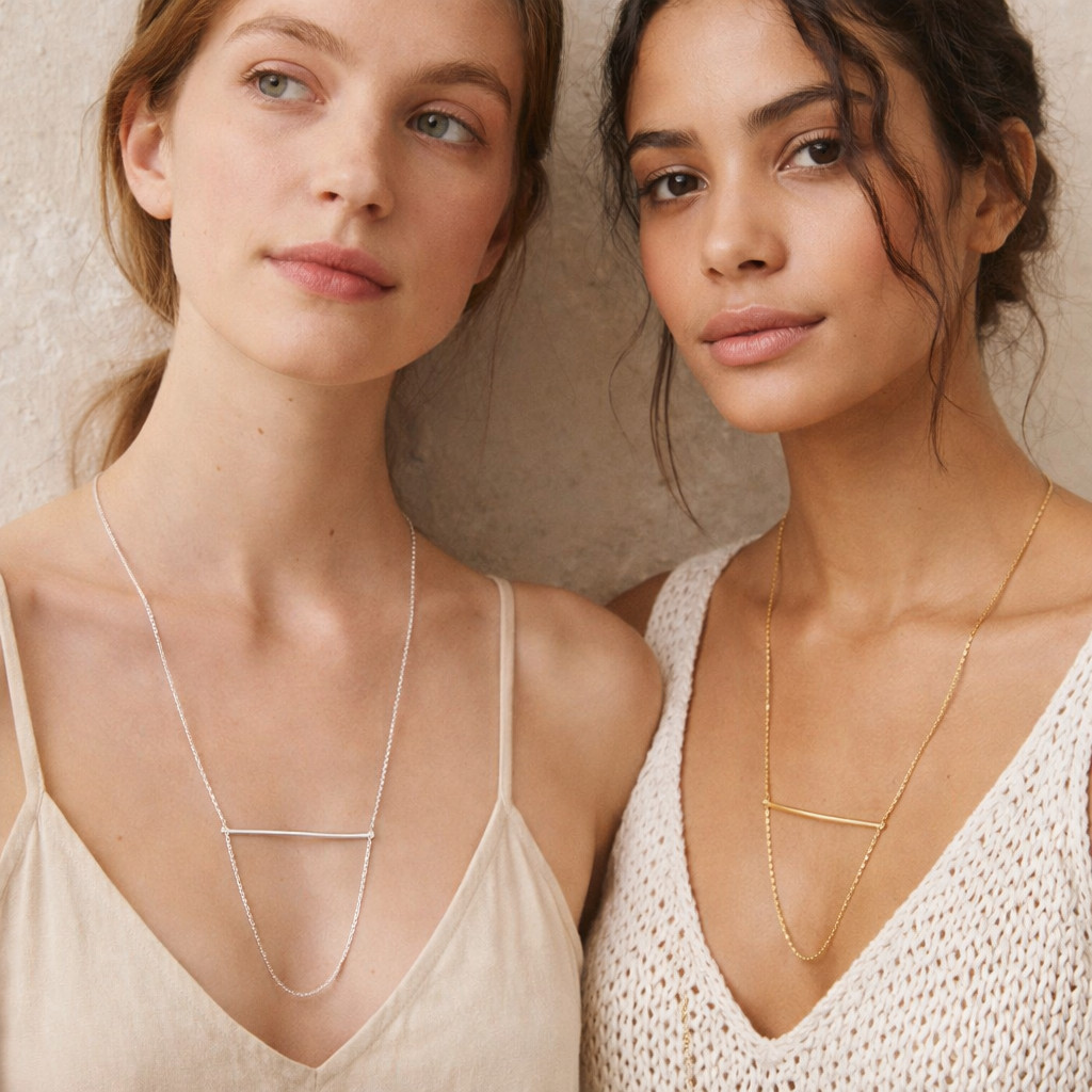 2pc Nordstrom Minimalist Bar Necklaces Silver Gold Tone Matching Layering NWT