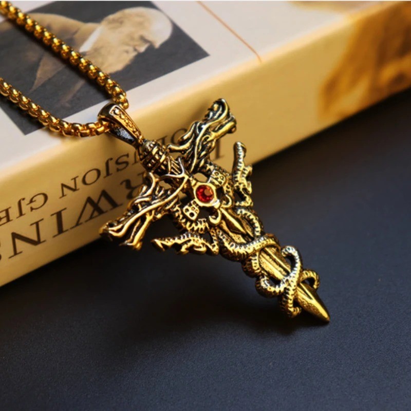 Men’s Titanium Steel Dragon Sword Pendant Necklace Punk Gothic Jewelry