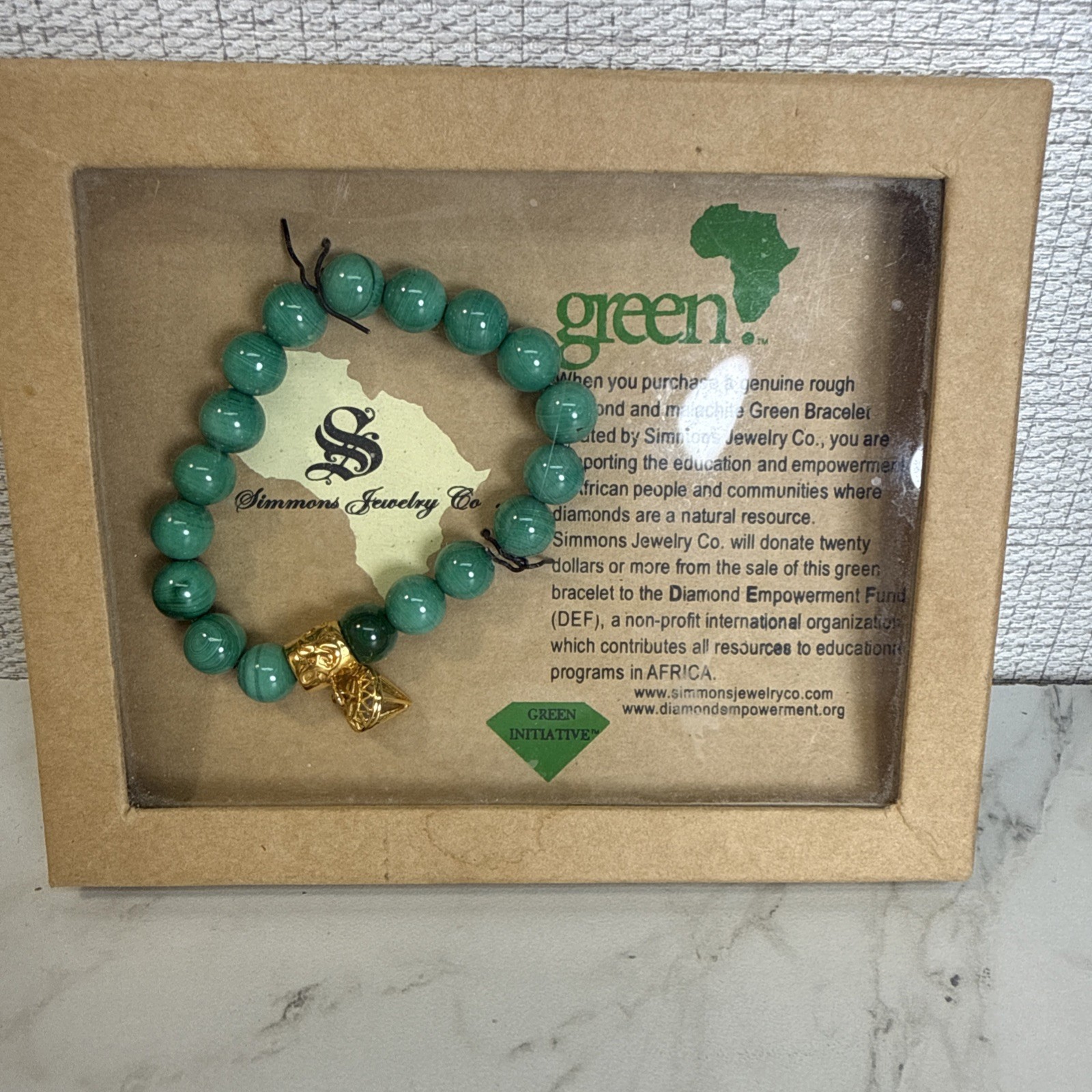 New Simmons Jewelry Green Malachite Bracelet New Gold Tone Charm w/Rough Diamond