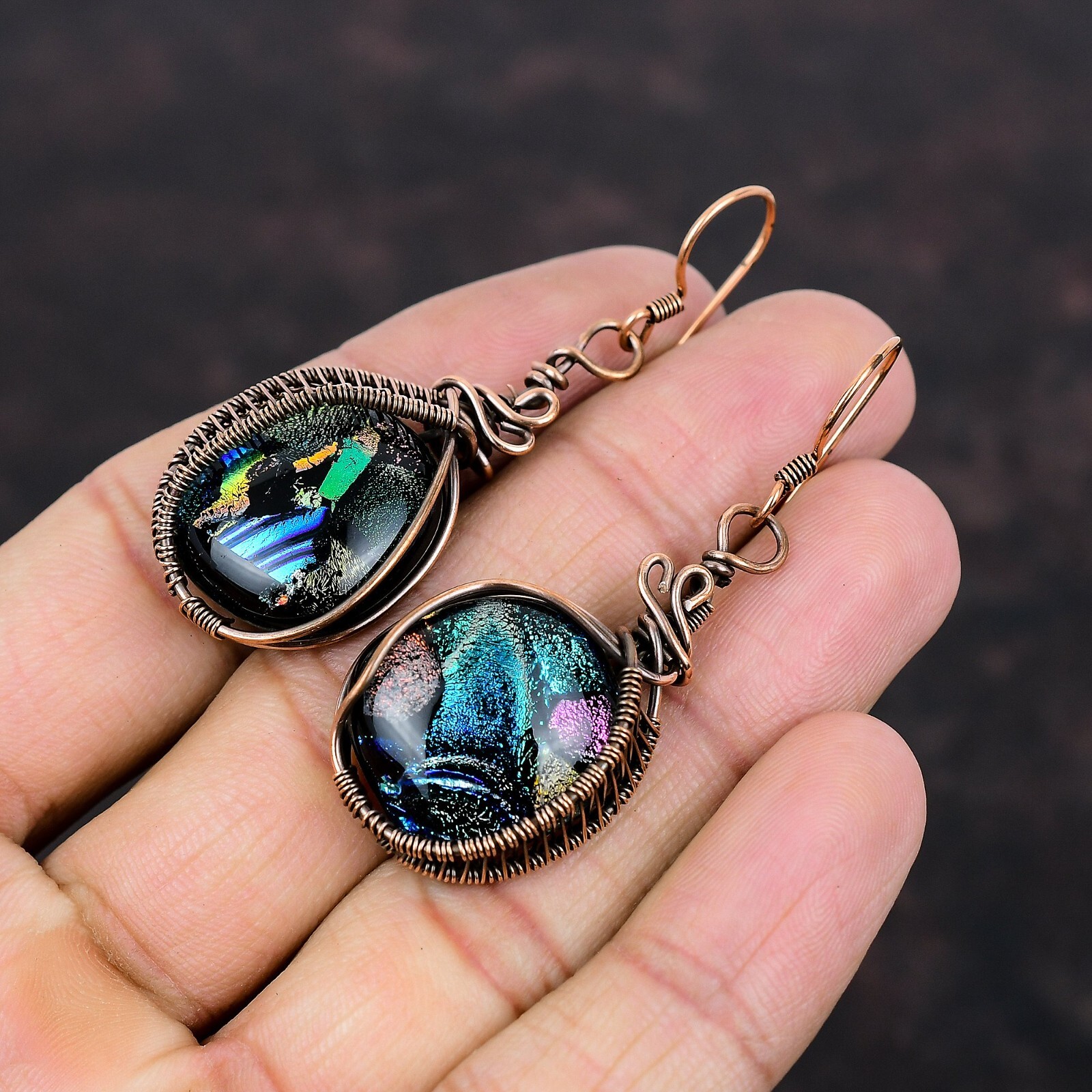American Dichroic Glass Copper Gift For Bestie Wire Wrapped Earrings 2.28″