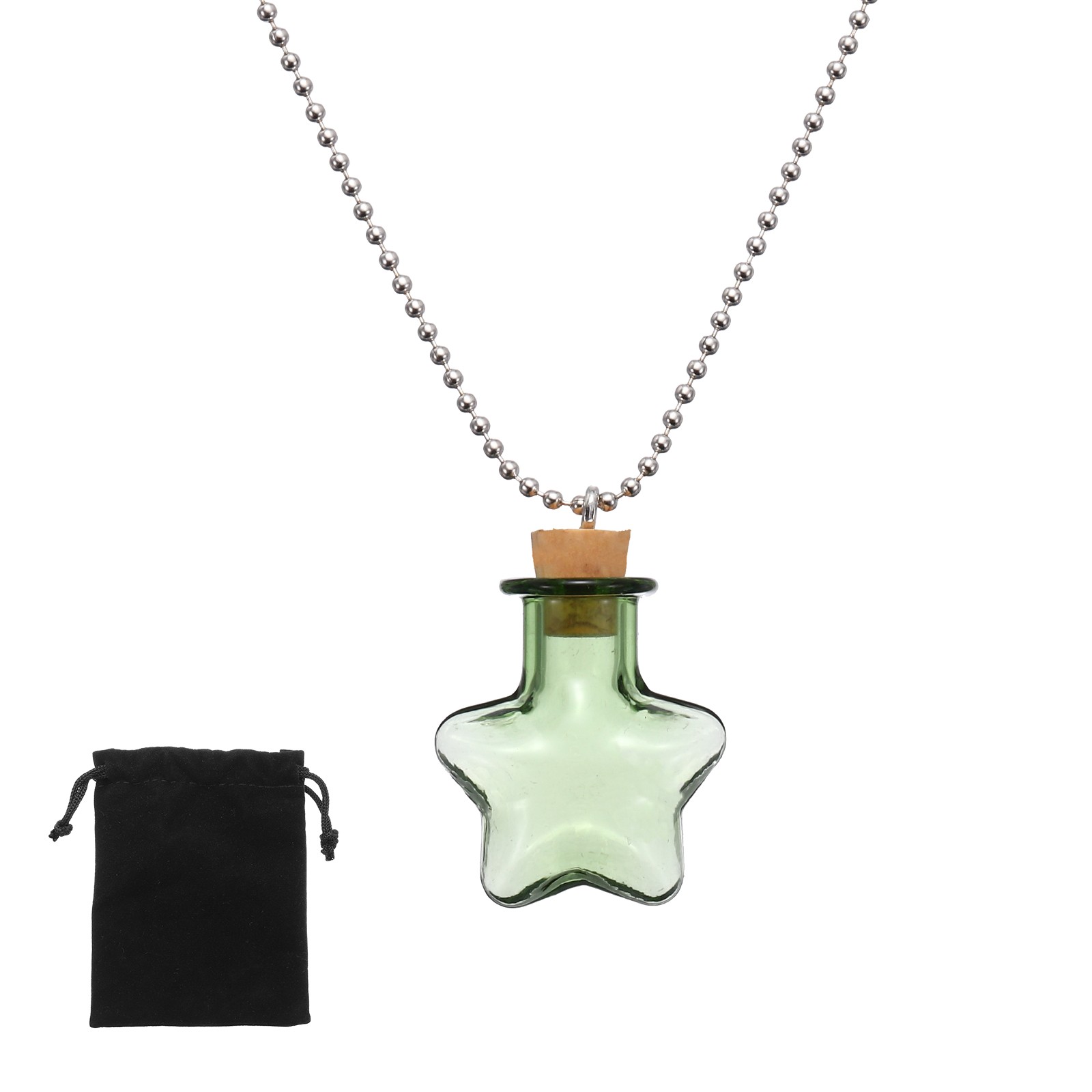 25mm Vial Necklace with Cork Stoppers Black Velvet Bag, Star Shaped, Green