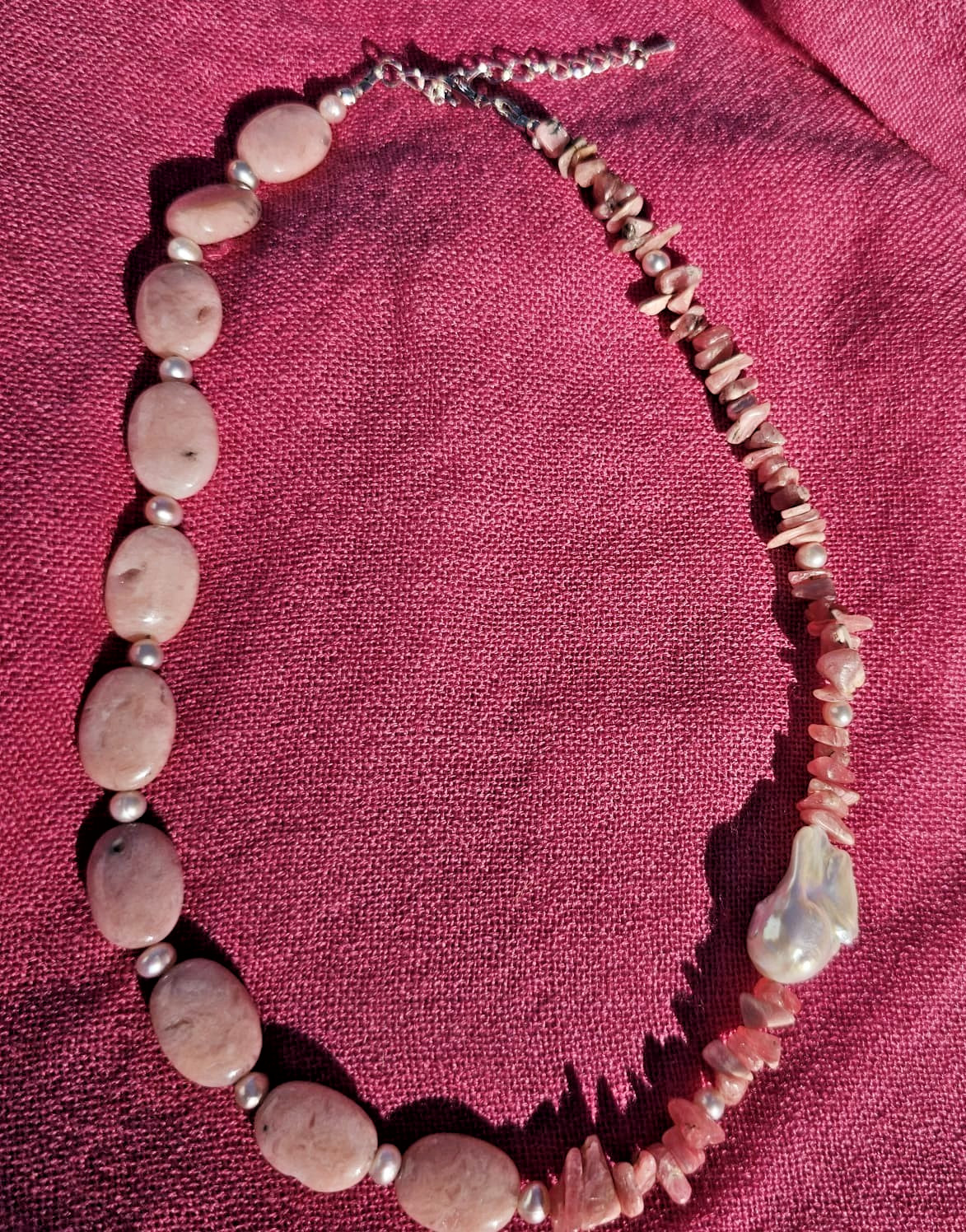 Baroque Pearl, Rose Opal, and Rhodochrosite Beaded Necklace, 20.5 in