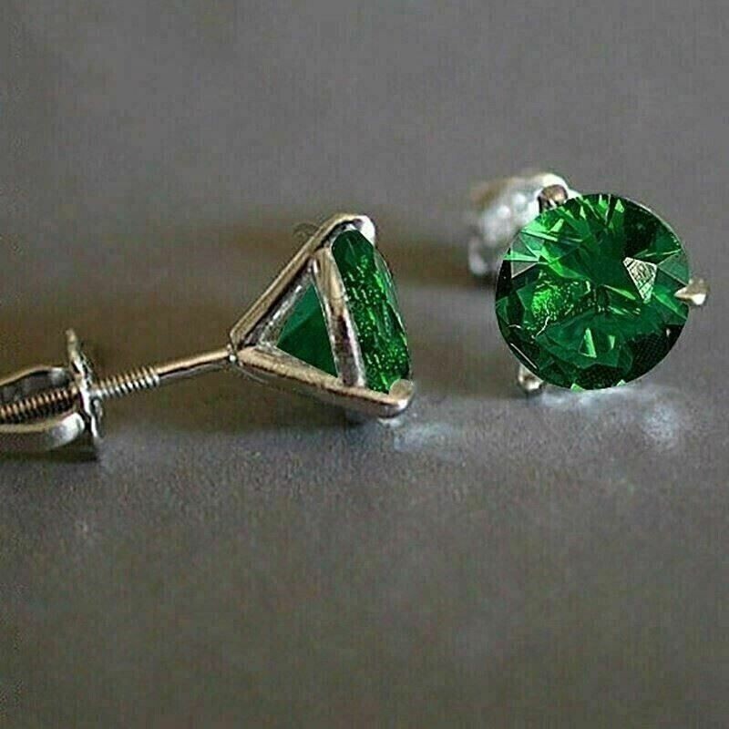 2.00Ct Round Cut Simulated Emerald Solitaire Stud Earrings 14K White Gold Plated