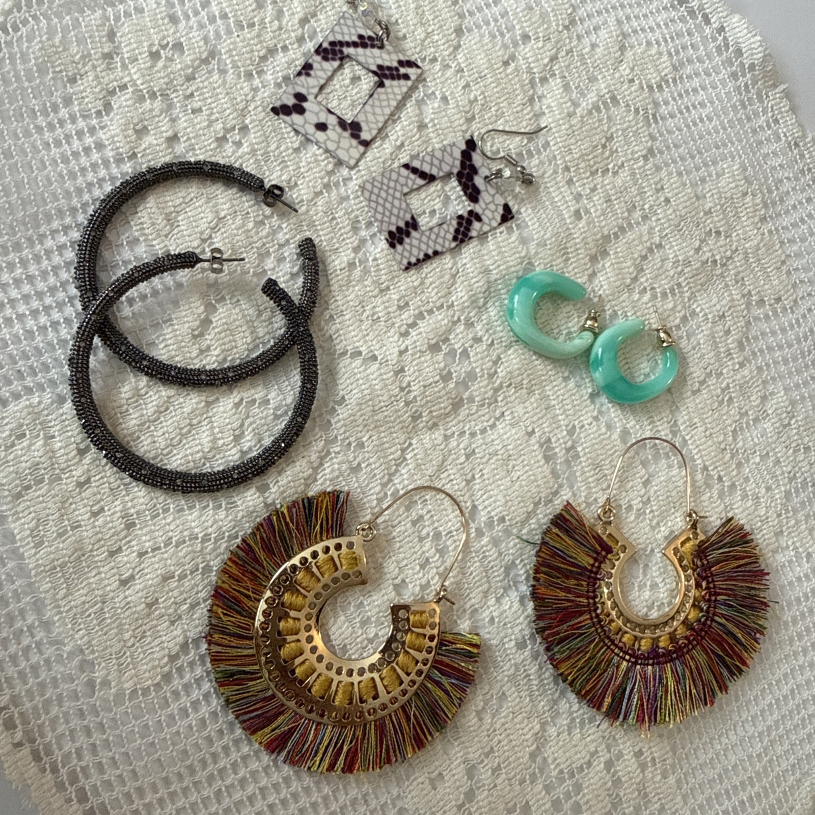 Fashion Earrings Lot Boho Fringe Texture Hoops Teal Acrylic Metal Rectangle 4 Pr