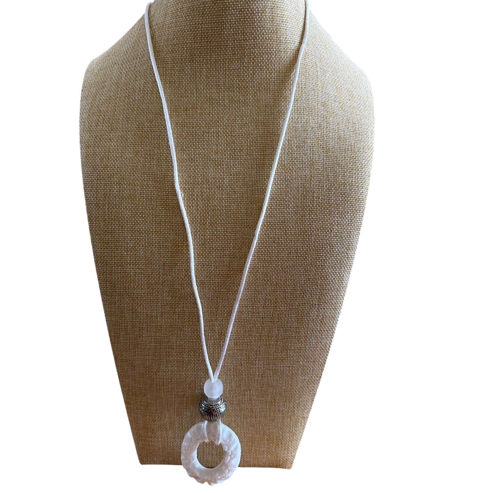 Boho White Carved Resin Ring Pendant Necklace Silver Tone Bead White Cord Artsey