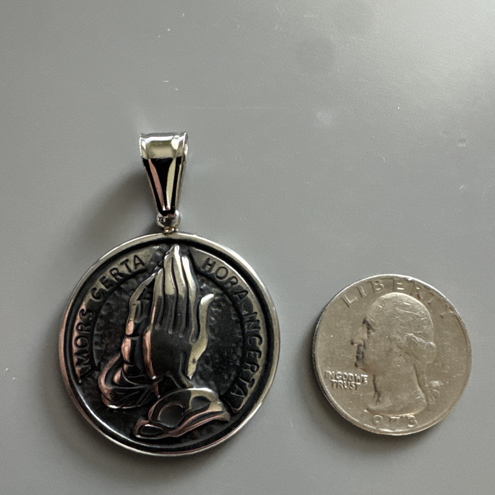 Praying Hands Rosary Stainless Steel Pendant 24 Inch Chain Jesus Faith Christian
