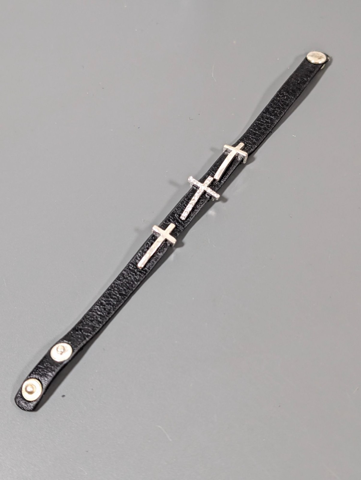 Black Faux Leather Cross Bracelet With Snap Closure & Rhinestone Accents 6.5″