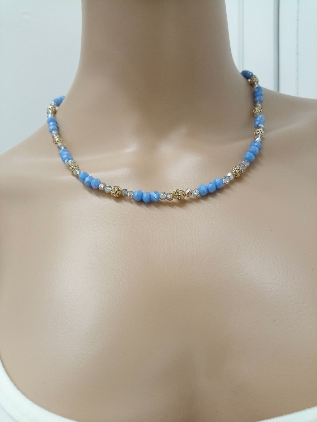 Austrian Crystal Silver Porcelain Necklace Gold Steel