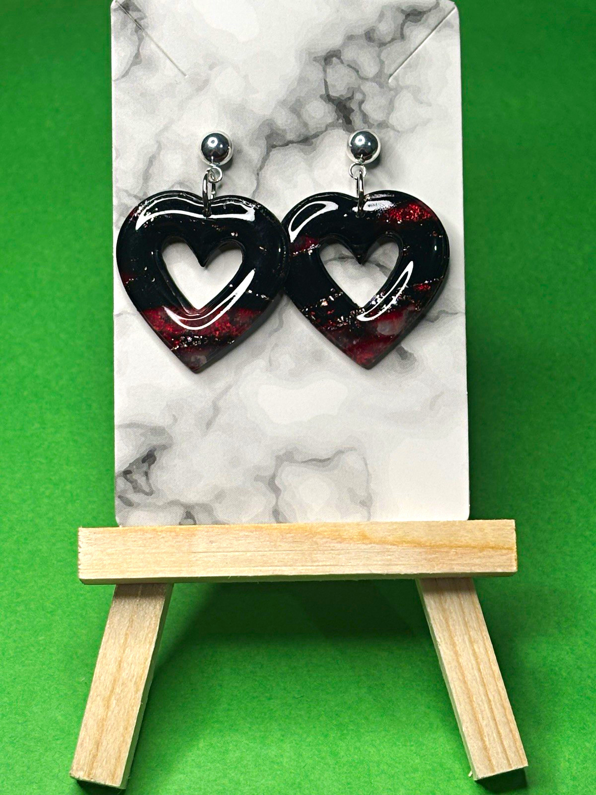 Handmade Black Red Silver Flake Heart Dangle Drop Earrings
