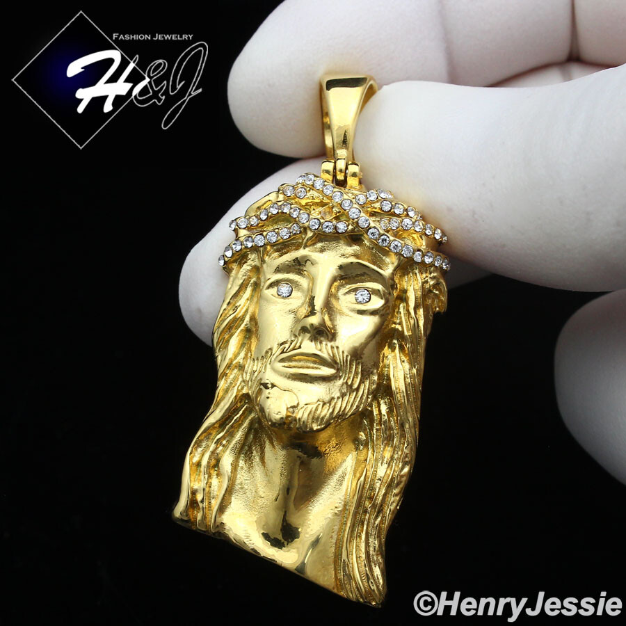18″-40″MEN Stainless Steel 5mm Gold Plated Cuban Chain CZ Jesus Face Pendant*133