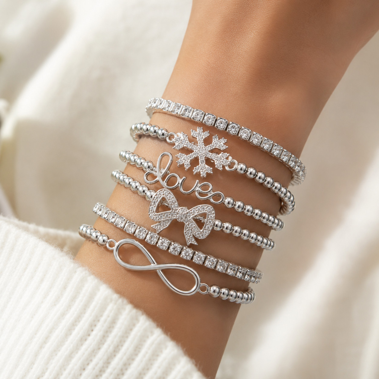 6Pcs Silver Tone Bracelet Set Women Crystal Snowflake Bow Love Infinity Jewelry