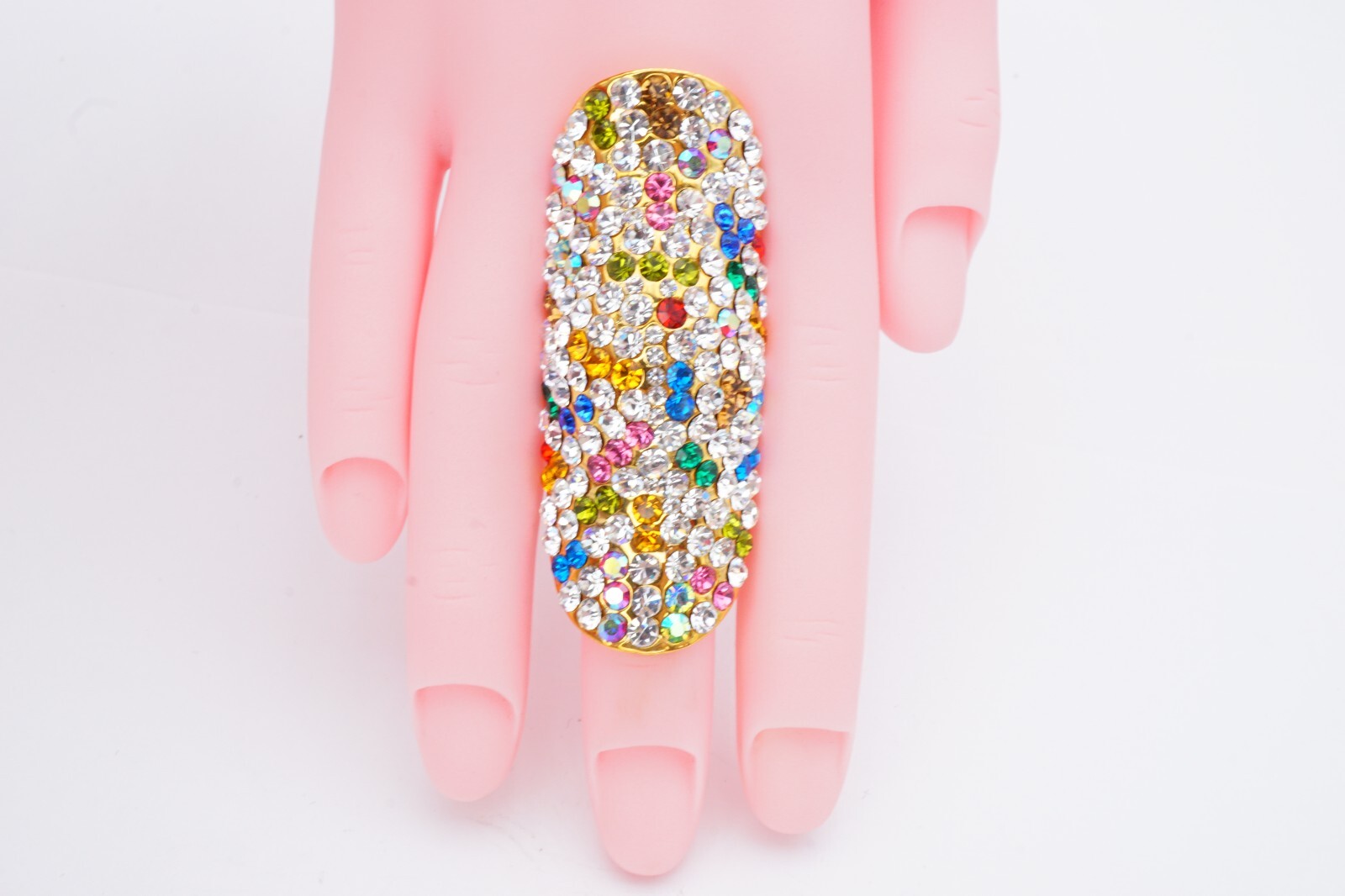Full Finger Ring Size 7 Gold Tone Crystal Pink Blue Green Red