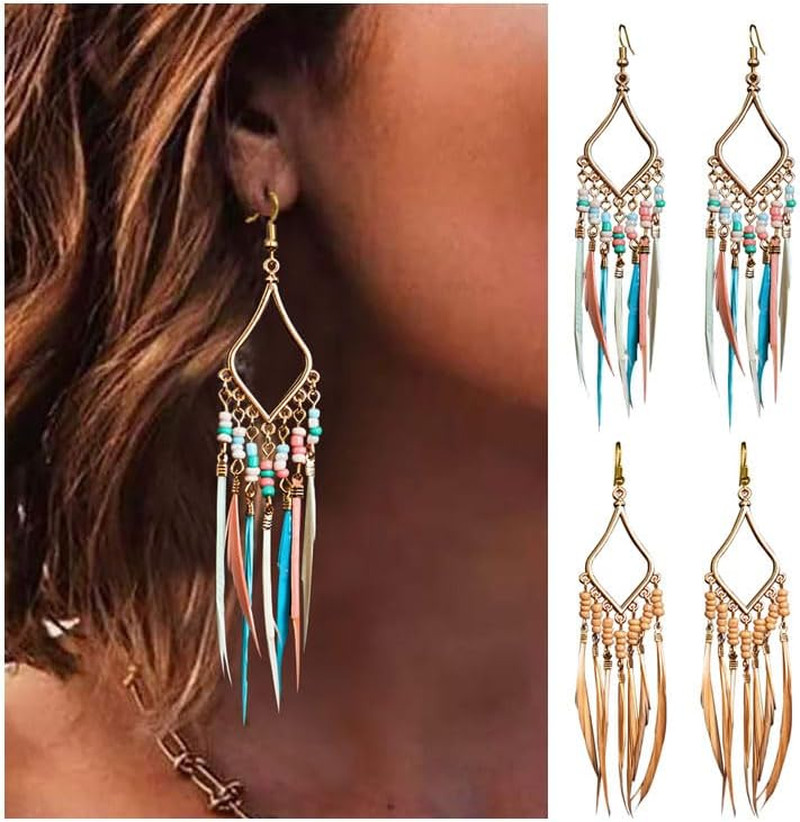 Bead Earrings Set Feather Tassel Gold Boho Ethnic Retro Bohemian Dangle Earring