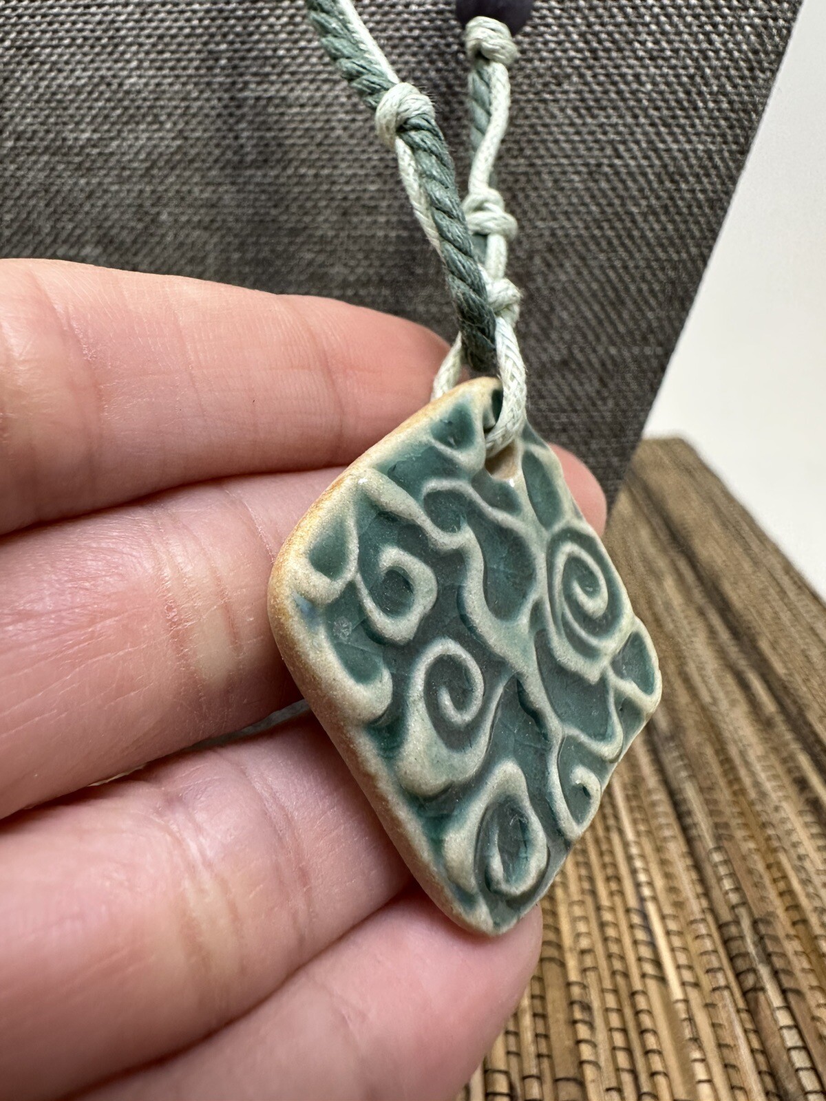 Green Spiral Bohemian Handmade Necklace with Square Engraved Pendant