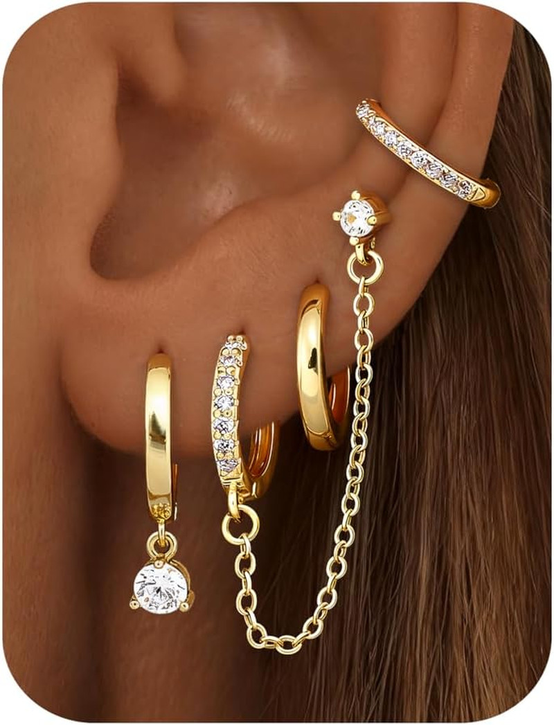 4 Pairs Small Hoop Earrings for Women Trendy 14K Gold Plated Chain Drop Earrings