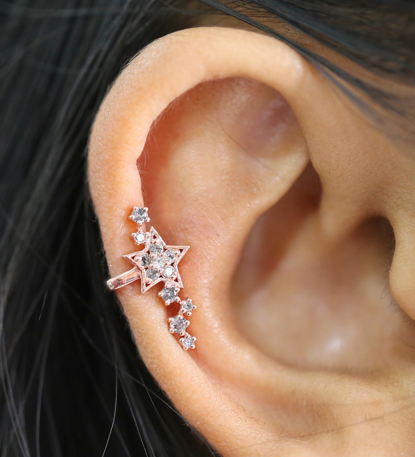 Round Black Grey Diamond Ear Cuff 14K Rose White Yellow Gold Ear Cuff KD1078