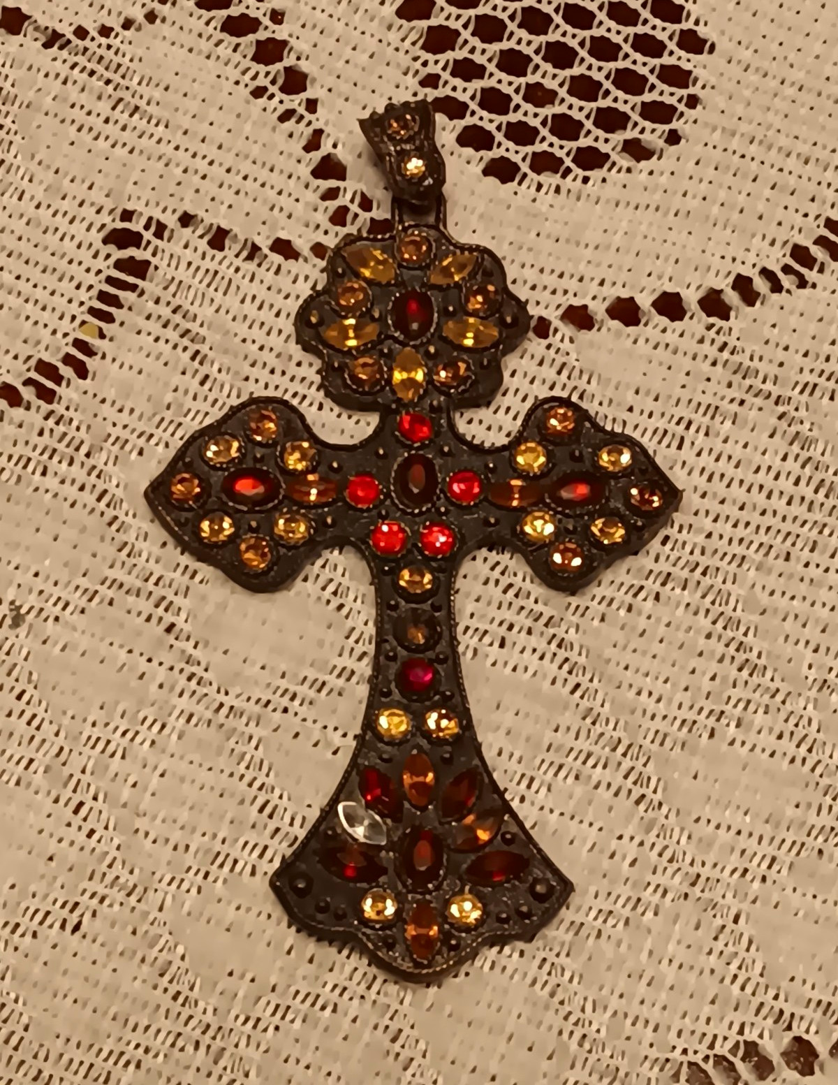 Cross Charm Pendant – Gold-Tone Red/Black Rhinestone Crystal, Religious