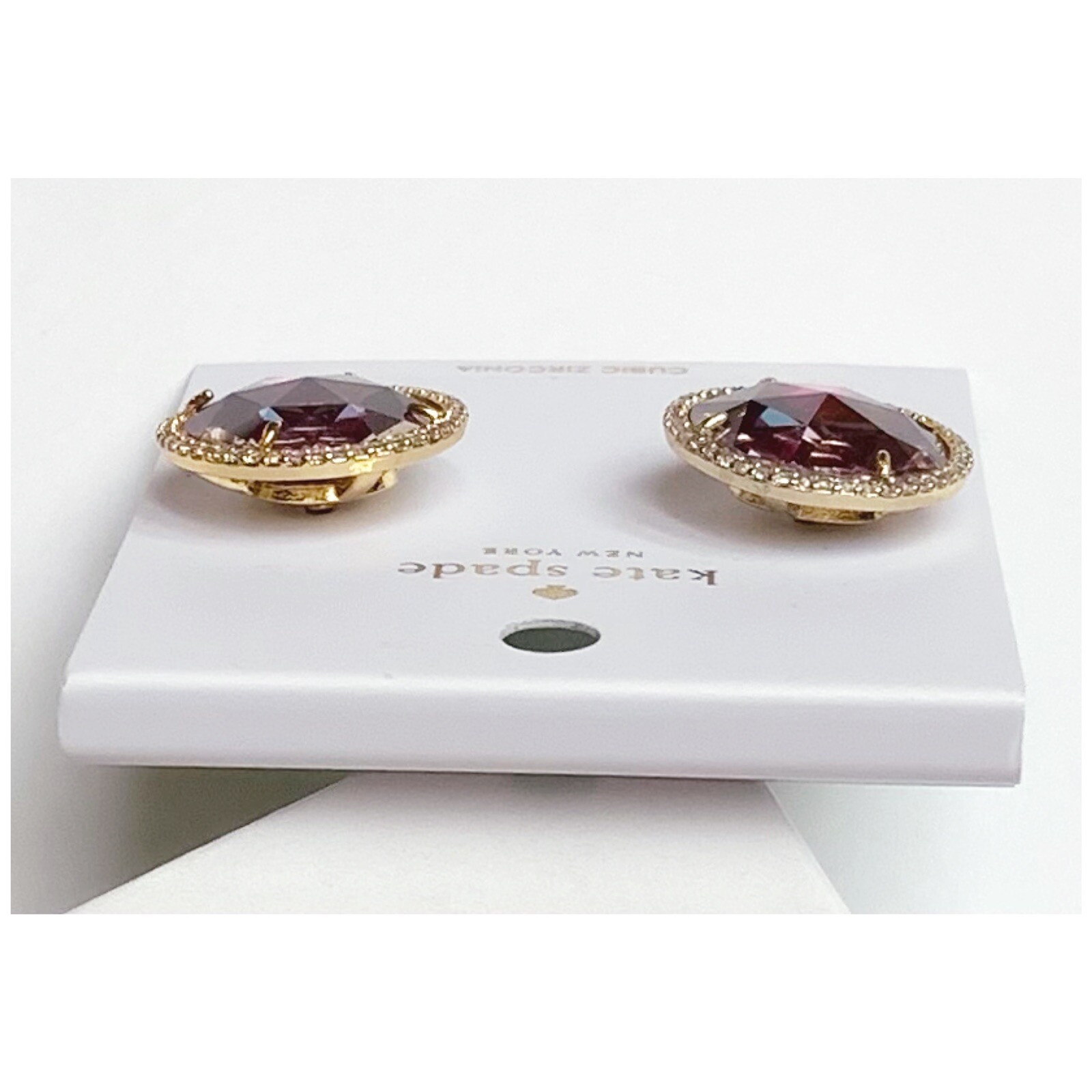 NWT Kate Spade SHE HAS SPARK 12-K Gold Plated Fuchsia CZ Stone Stud Earrings
