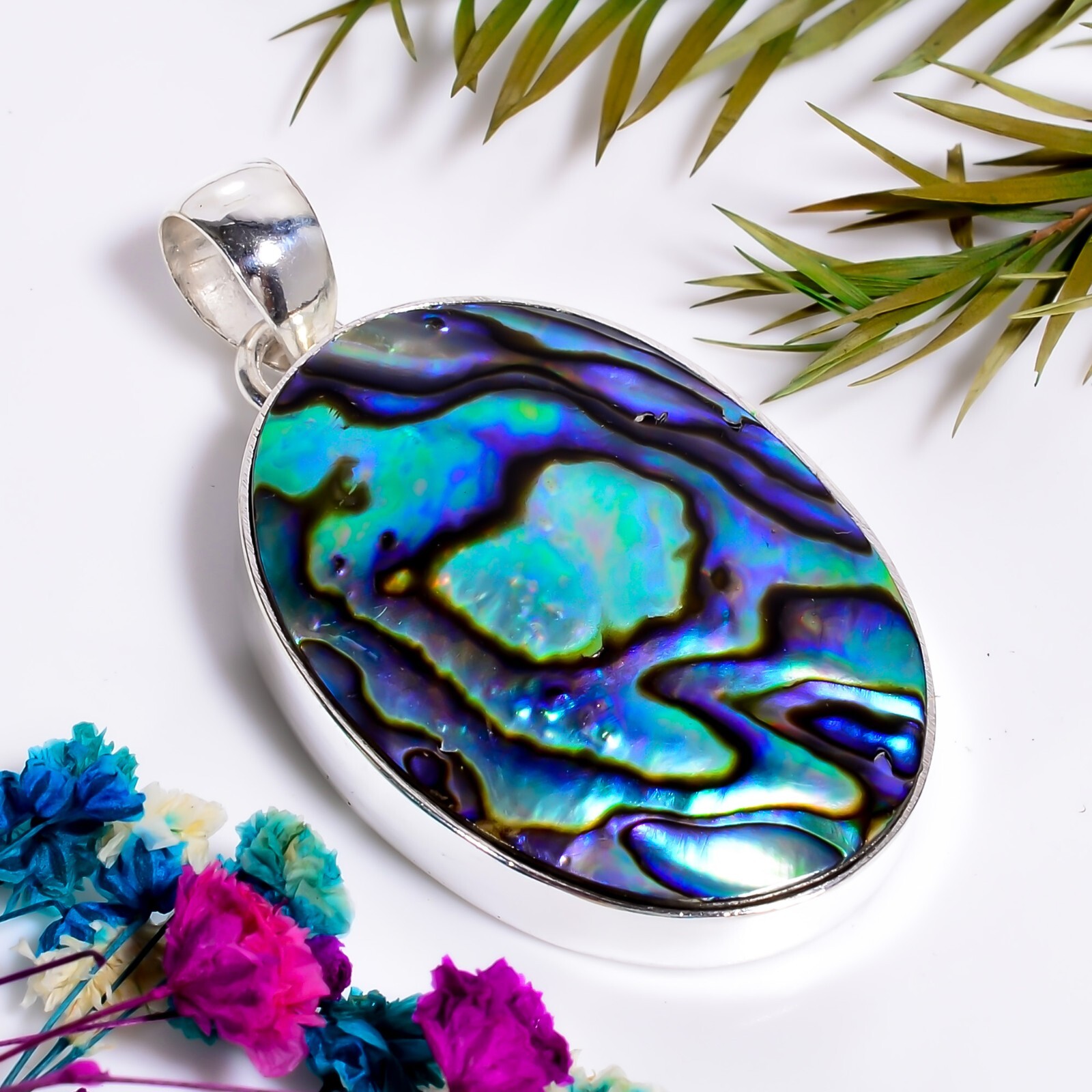 Abalone Shell Gemstone Ethnic Handmade Jewelry.925 Silver Pendant