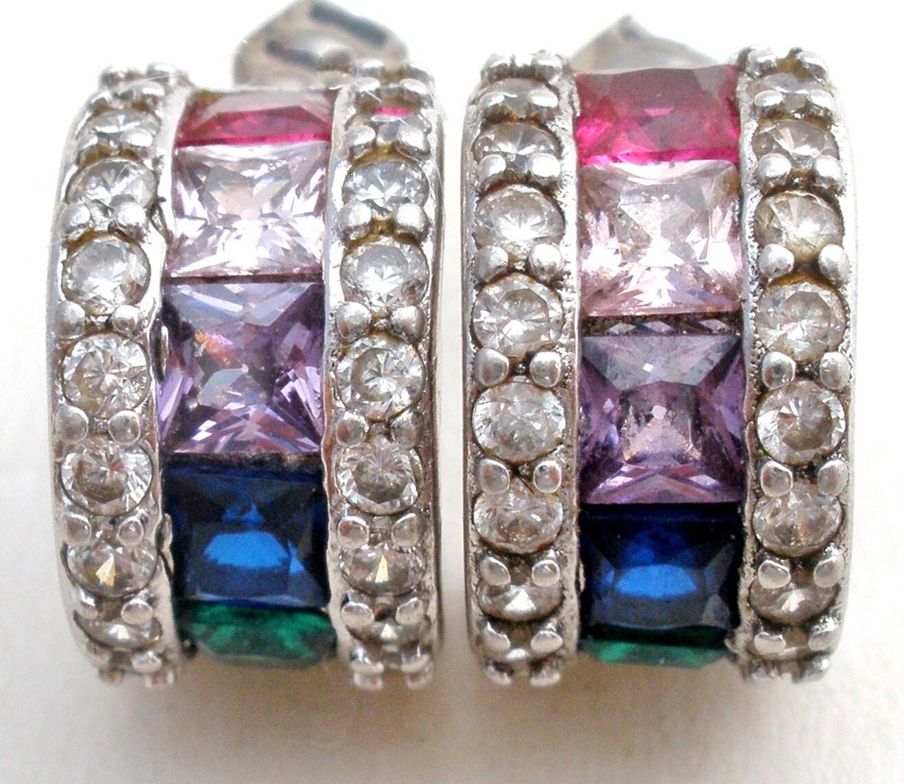 Multi Color Cubic Zirconia Hoop Earrings Sterling Silver Half Hoops Post 925 BSI