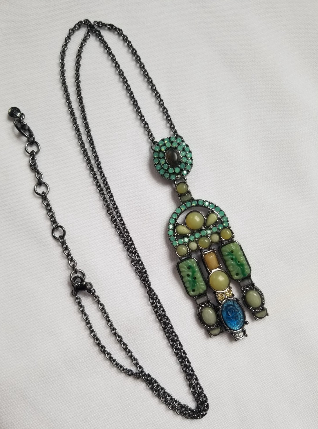 CAbi Long Dangle Pendant Necklace Gun Metal Rhinestones Glass Multi Colored